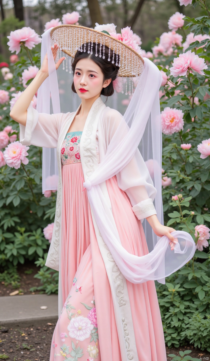 In the peony garden, the magnificent peonies are in full bloom. The woman is wearing a high - waisted Ruqun in rosy red. The skirt is densely embroidered with layers of peonies in various colors using silk threads, as if she has the entire garden on her body. She wears a semi - transparent silver - gray thin shirt on the outside, with the outlines of flower branches faintly outlined in gold thread. She dons a bamboo hat adorned with large rosy - red silk flowers, and the light - pink thin gauze hangs down like clouds. She slightly raises her chin, with confidence and brightness in her eyes, as if competing with the peonies in the garden for beauty.