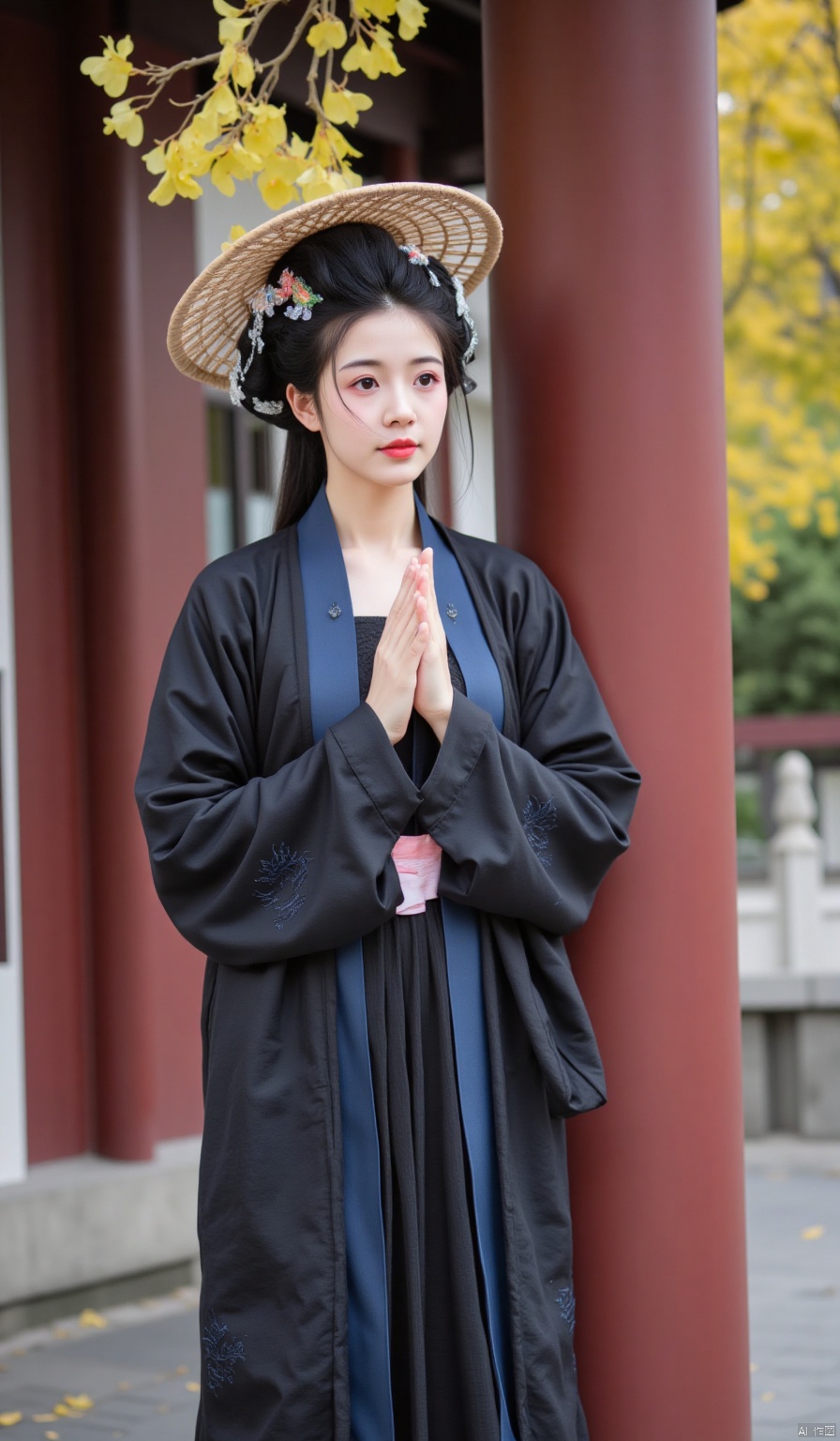 Beside the red walls of the ancient temple, the ginkgo leaves are yellow. The woman is wearing a navy - blue straight - collar front - buttoned long - shirt, paired with a black Mian skirt, on which there are dark patterns embroidered. She wears a bamboo hat adorned with dark - colored flowers, and the black gauze is solemn. She puts her hands together, with a solemn and composed posture.