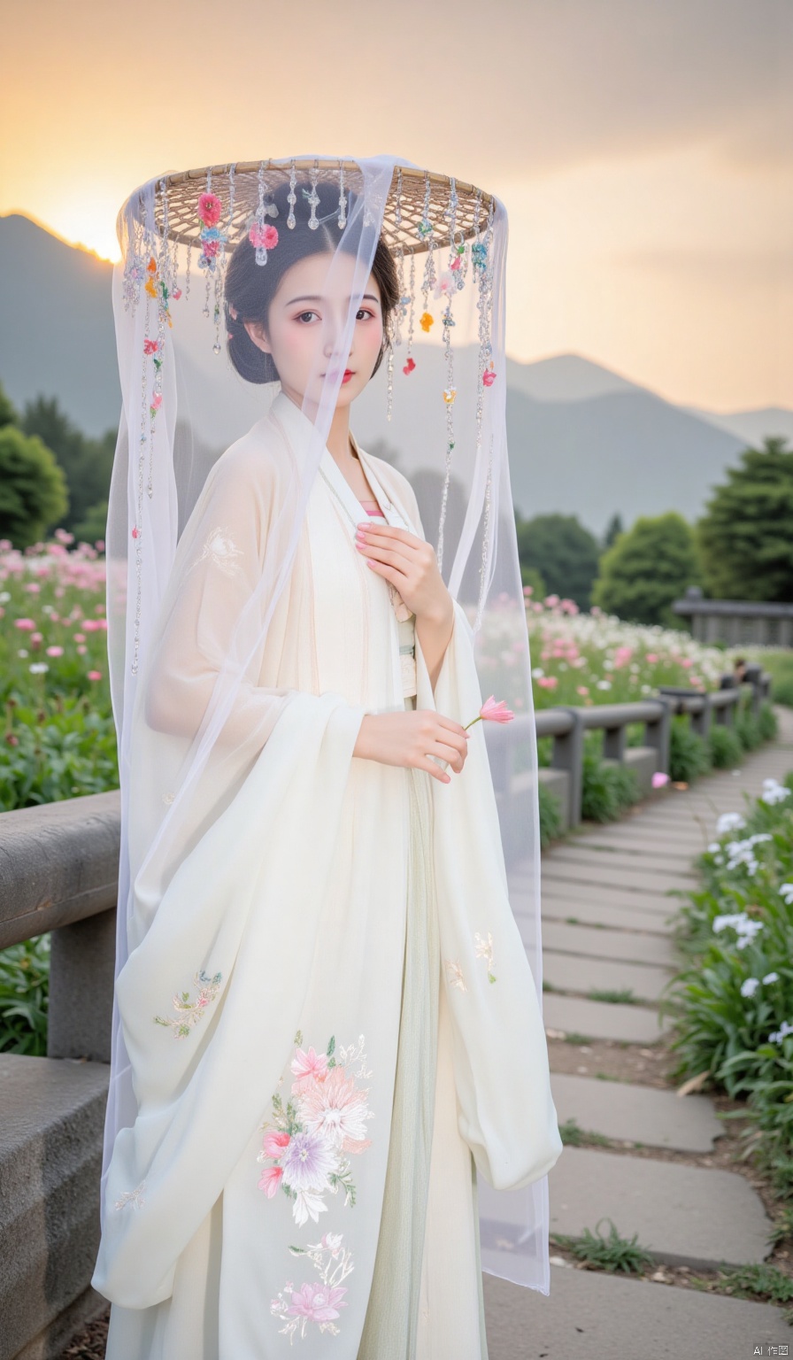 At dawn, the mountains are shrouded in mist, and the rising sun gilds everything with a golden edge. Beside a winding bluestone path, wildflowers are blooming in profusion. A beauty in Hanfu is walking gracefully. She is wearing a lotus - colored Qixiong Ruqun with delicate volute patterns embroidered on the skirt. On her head is a Floral Deity's Straw Hat. The flower patterns woven with colorful bamboo strips shine in the sunlight, and the thin gauze hanging from the hat gently covers her face, revealing only a pair of affectionate eyes. Every glance is full of tenderness.