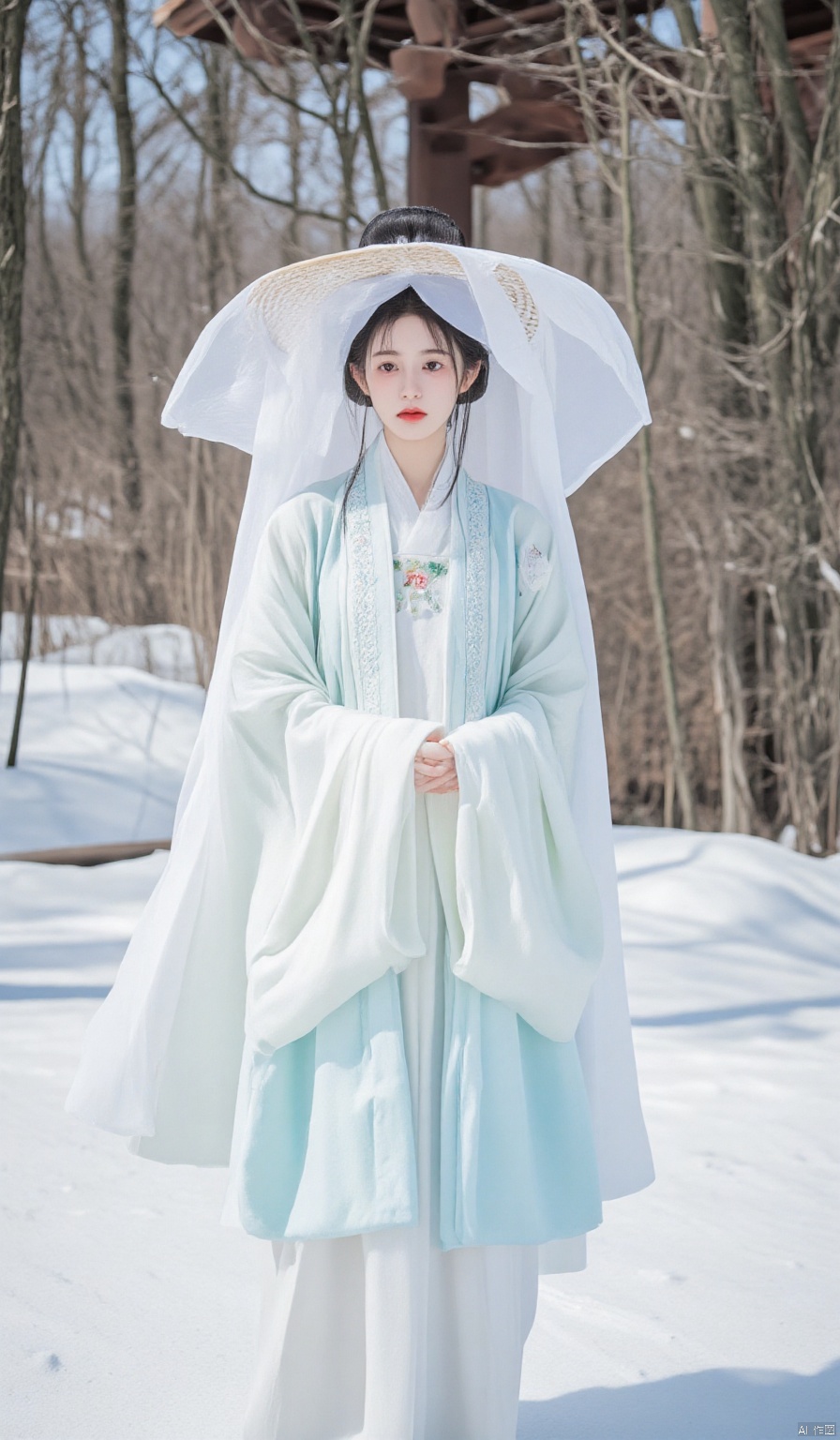 The image shows a young woman standing in a snowy forest. She is wearing a traditional Chinese dress in a light blue color with a white shawl draped over her shoulders. The dress has a high neckline and long sleeves, and the skirt is full and flowing. The woman is also wearing a large white hat with a wide brim and a white veil covering her head. She has long dark hair styled in loose waves and is wearing brown sandals. The background is filled with trees and snow-covered ground, and there is a wooden structure in the distance. The overall mood of the image is peaceful and serene.