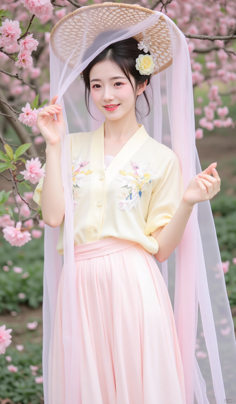 Deep in the peach orchard, the falling petals are in profusion. The woman is wearing a light - yellow front - buttoned short - shirt, paired with a light - pink pleated skirt, on which butterflies are embroidered. She wears a bamboo hat adorned with yellow flowers, and pink gauze covers her face. She gently pinches a peach blossom with one hand, smiling charmingly and sweetly.