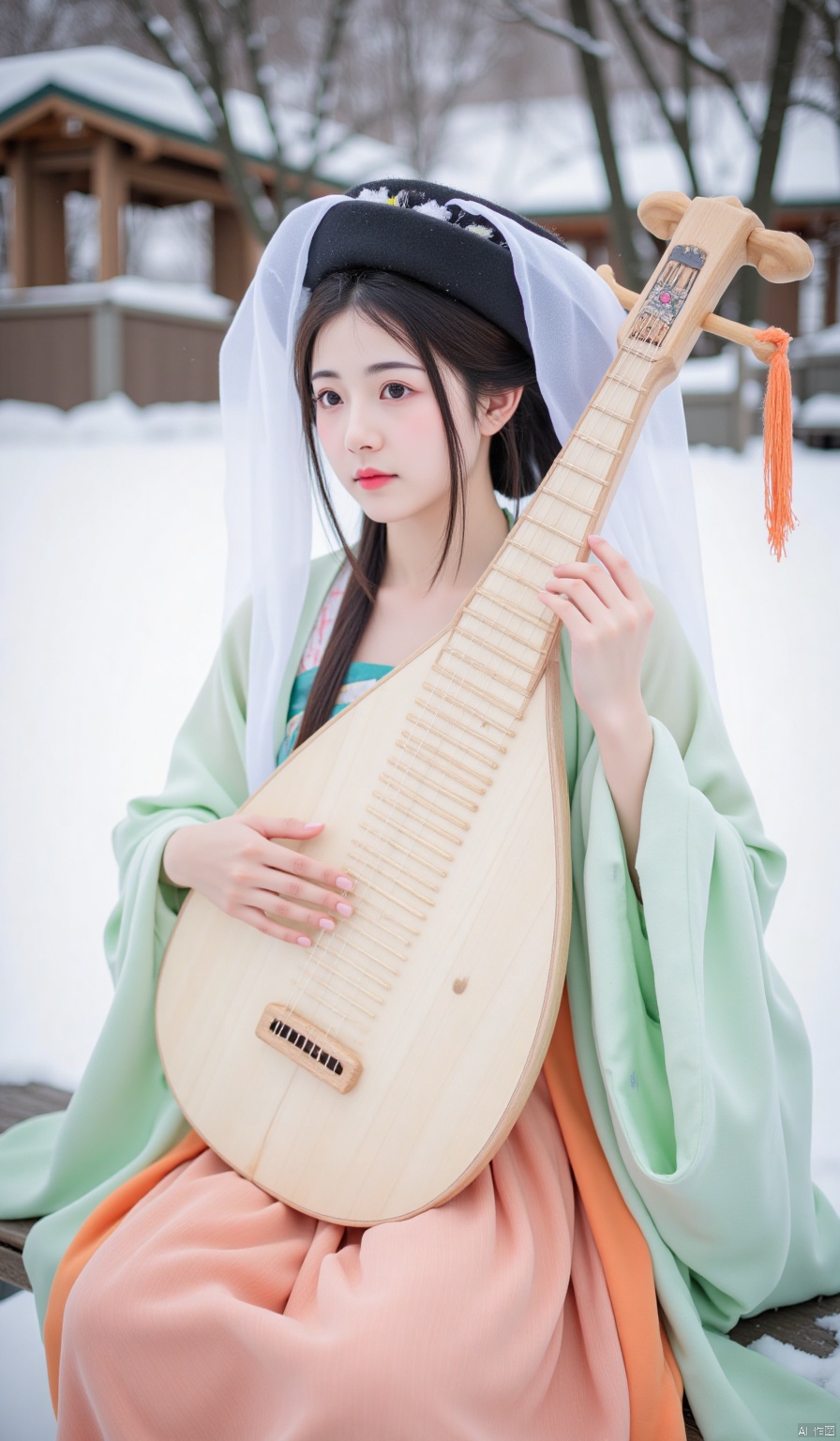 The image shows a young woman sitting on a wooden bench in a snowy landscape. She is wearing a traditional Japanese kimono in a light green color with orange accents. The woman is also wearing a black hat with a wide brim and a white veil covering her head. She has long dark hair and is holding a stringed instrument, which appears to be a mandolin, in her hands. The mandolin is resting on her lap and she is looking off to the side with a serious expression on her face. In the background, there are trees and a wooden structure covered in snow. The overall mood of the image is peaceful and serene.