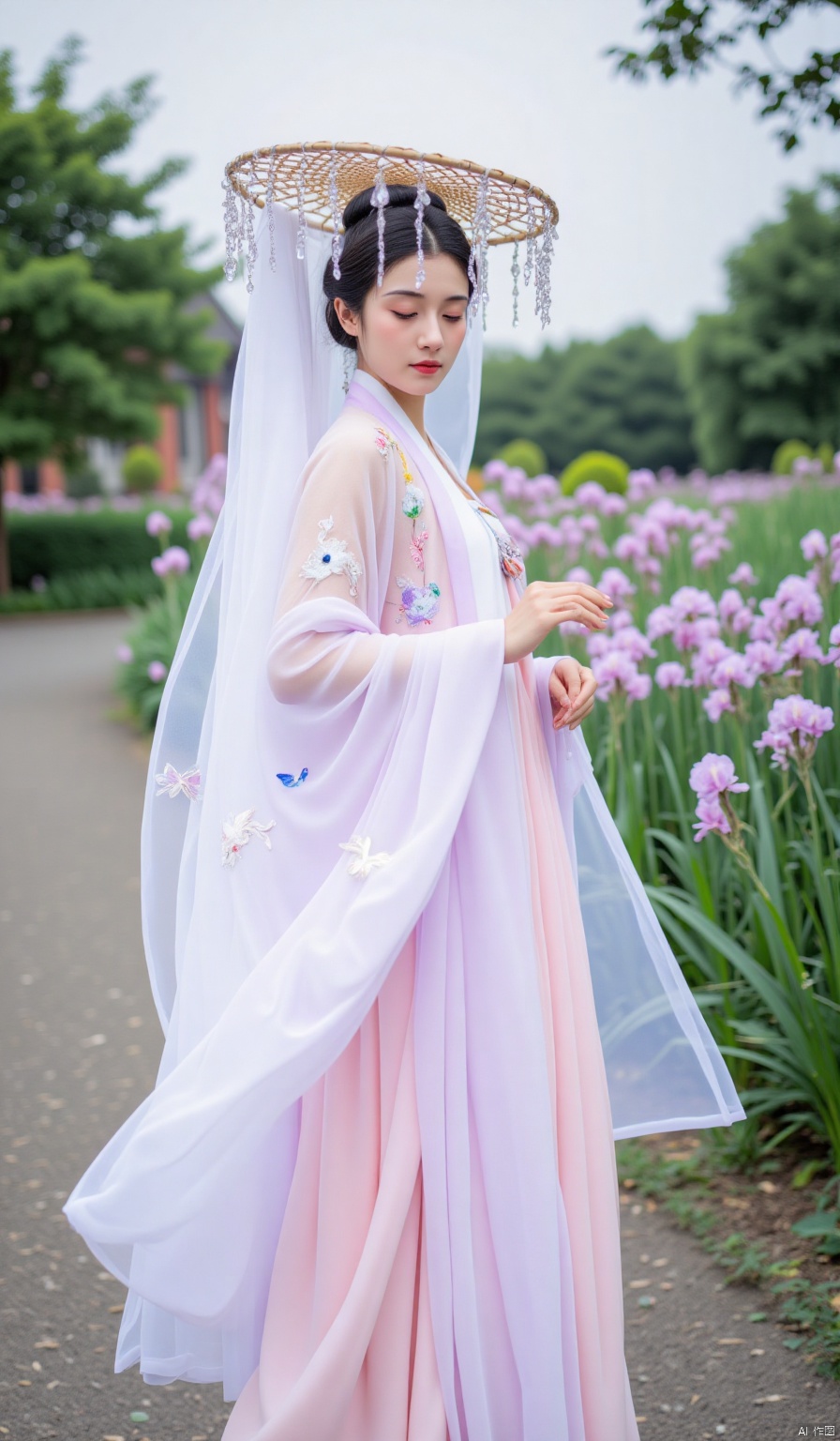 On the flower - filled garden path, the irises are swaying in the wind. The woman wears a Qixiong Ruqun in pink - purple. The skirt is embroidered with dancing irises, with soft and dreamy colors. She wears a light - purple transparent gauze dress on the outside, with delicate butterflies embroidered in the same - colored silk threads on the gauze. She dons a bamboo hat decorated with pink - purple irises, and the light - purple thin gauze falls on her shoulders. She walks gracefully, like a fairy coming out of a painting.
