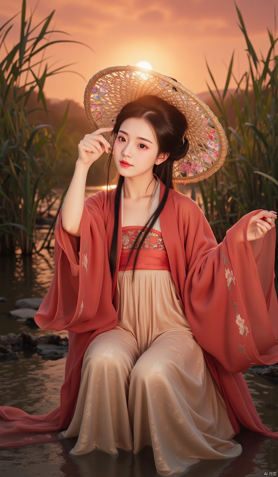 In the evening, the reeds by the stream sway in the gentle breeze. The sunset dyes the sky orange - red, and the afterglow shines on the water, glistening. The beauty in Hanfu is squatting by the stream, stretching out her hand to gently touch the water, creating circles of ripples. She is wearing a crimson Qiyao Zhequn with wave patterns embroidered on the skirt. The Floral Deity's Straw Hat on her head is woven with bright colors into vivid fish patterns, echoing the glistening waves on the water. Her hair is fluttering in the wind, and she is like a beautiful sunset picture.
发消息、输入@ 或/ 选择技能