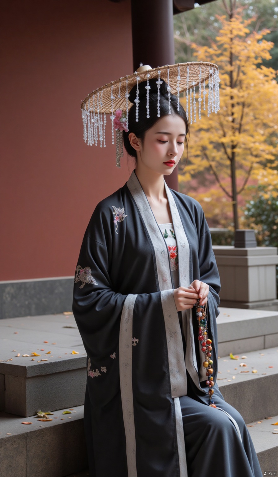 In a quiet ancient temple, the red walls are mottled, and ginkgo leaves rustle in the autumn wind, with golden leaves falling all over the ground. Beside a stone bench in the temple, a beauty in a dark - blue cross - collar long gown is sitting quietly. The hem of her clothes is embroidered with silver - lined flying birds. The Floral Deity's Straw Hat on her head is of a simple and ancient style. With plain bamboo strips as the base, it is decorated with elegant silk flowers. She holds a string of Buddhist beads in her hand, with her eyes downcast, as if listening to the Buddhist chants, exuding a serene and peaceful aura all around.
