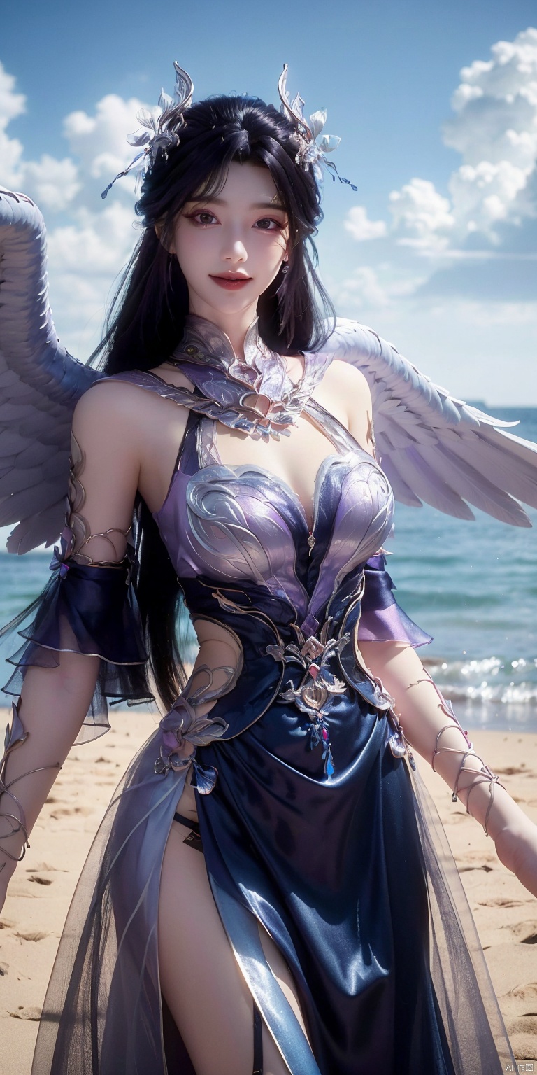 best quality, masterpiece, realistic,cowboy short,(Good structure), DSLR Quality,Depth of field,kind smile,looking_at_viewer,Dynamic pose, , Blue sky and white clouds on the beach,Masterpiece, (ultra wide angle lens: 1.2), Unity8k wallpaper, best quality, (detail shadow: 1.1), a beautiful girl, on a sea of light blue silk, translucent silk, floating light blue silk, surrealist style, minimalism, highly detailed texture, light blue, white clean background, CG rendering, light passing through clouds, 8k resolution, (motion photo: 1.2), (Fidelity: 1.4), original photos, movie lighting, 1girl,, , ,kind smile,   , weddingdress,yeqingcheng,purple hair, hair ornament,wings