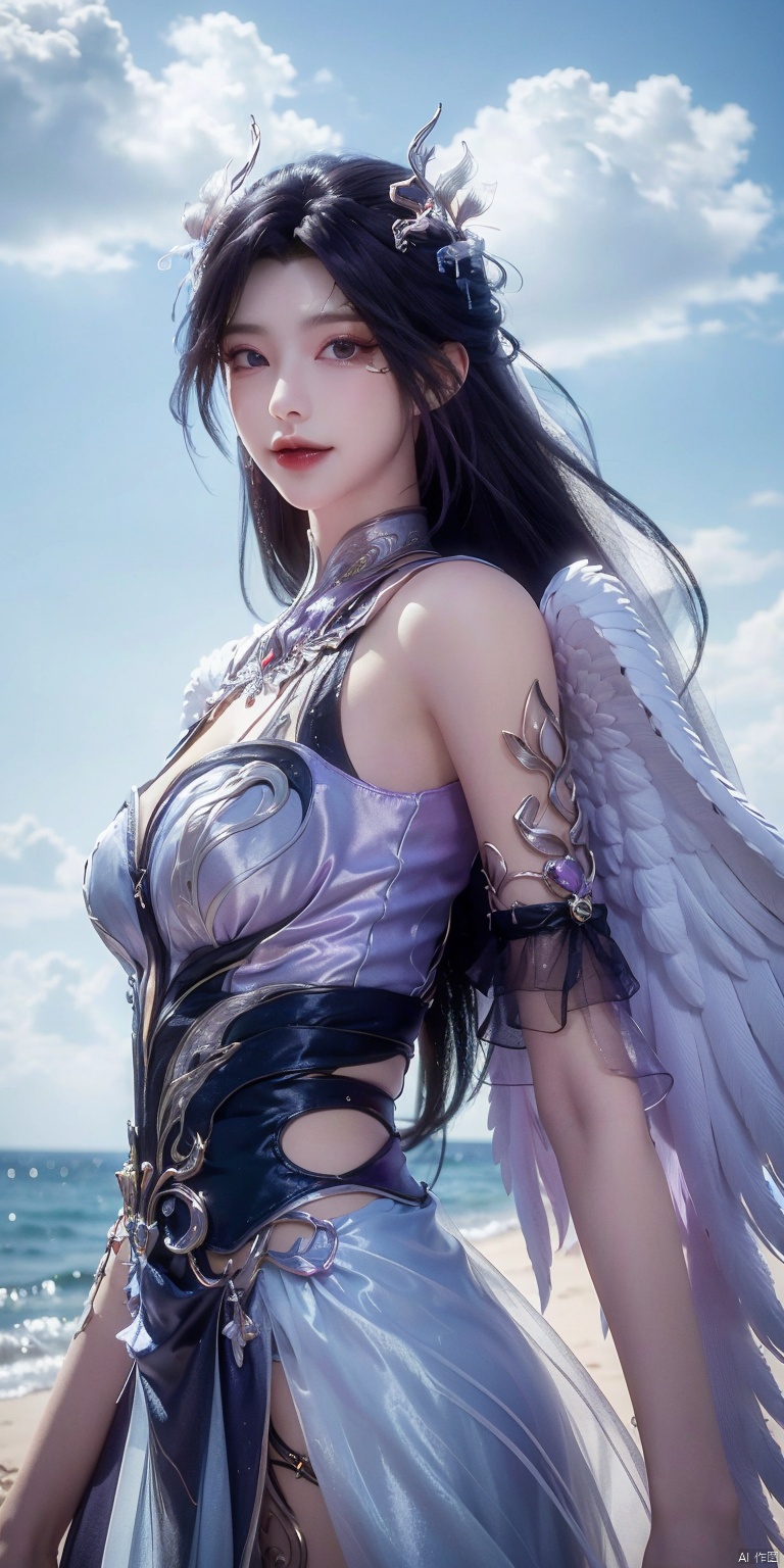 best quality, masterpiece, realistic,cowboy short,(Good structure), DSLR Quality,Depth of field,kind smile,looking_at_viewer,Dynamic pose, , Blue sky and white clouds on the beach,Masterpiece, (ultra wide angle lens: 1.2), Unity8k wallpaper, best quality, (detail shadow: 1.1), a beautiful girl, on a sea of light blue silk, translucent silk, floating light blue silk, surrealist style, minimalism, highly detailed texture, light blue, white clean background, CG rendering, light passing through clouds, 8k resolution, (motion photo: 1.2), (Fidelity: 1.4), original photos, movie lighting, 1girl,, , ,kind smile,   , weddingdress,yeqingcheng,purple hair, hair ornament,wings