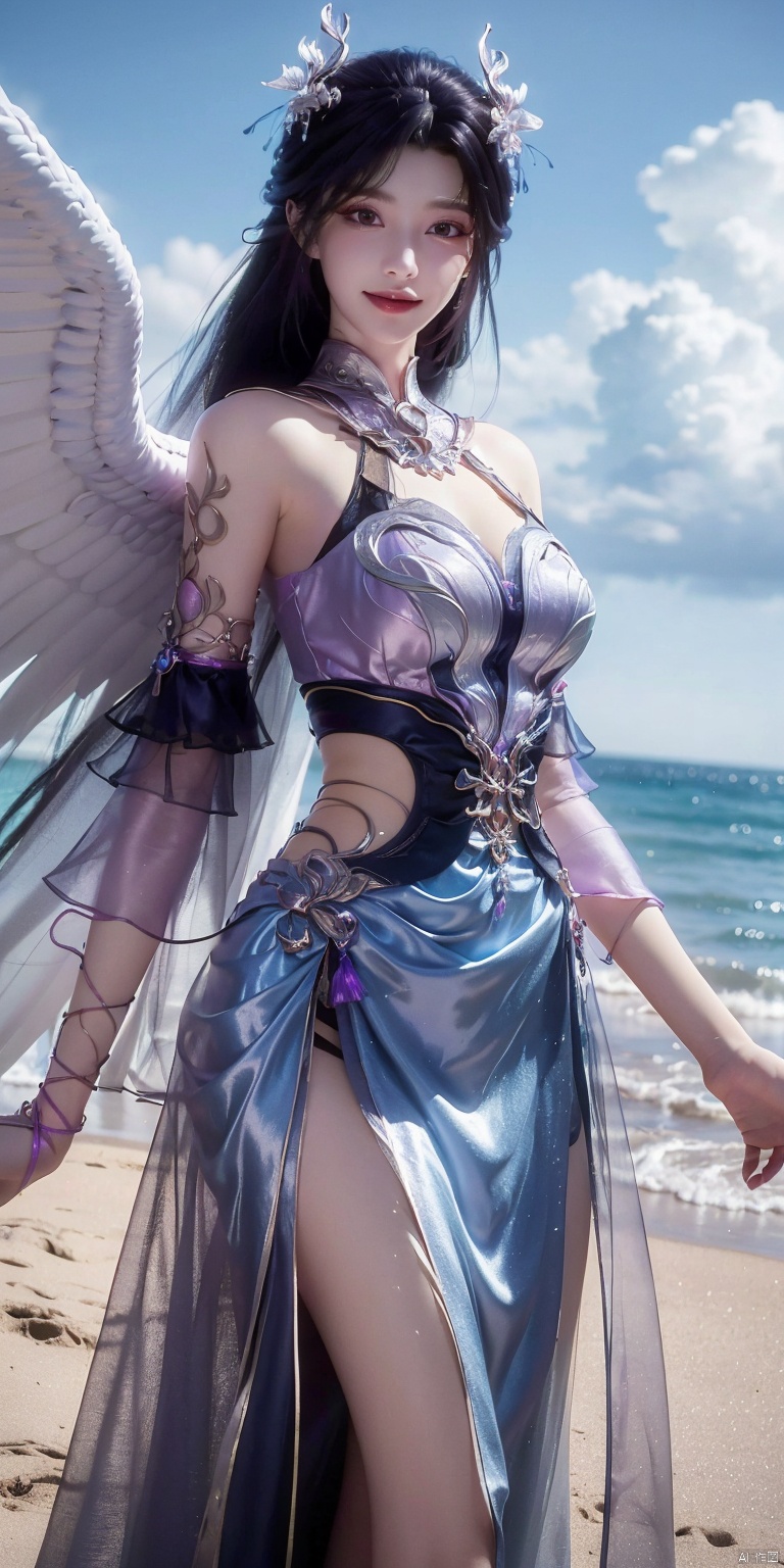 best quality, masterpiece, realistic,cowboy short,(Good structure), DSLR Quality,Depth of field,kind smile,looking_at_viewer,Dynamic pose, , Blue sky and white clouds on the beach,Masterpiece, (ultra wide angle lens: 1.2), Unity8k wallpaper, best quality, (detail shadow: 1.1), a beautiful girl, on a sea of light blue silk, translucent silk, floating light blue silk, surrealist style, minimalism, highly detailed texture, light blue, white clean background, CG rendering, light passing through clouds, 8k resolution, (motion photo: 1.2), (Fidelity: 1.4), original photos, movie lighting, 1girl,, , ,kind smile,   , weddingdress,yeqingcheng,purple hair, hair ornament,wings