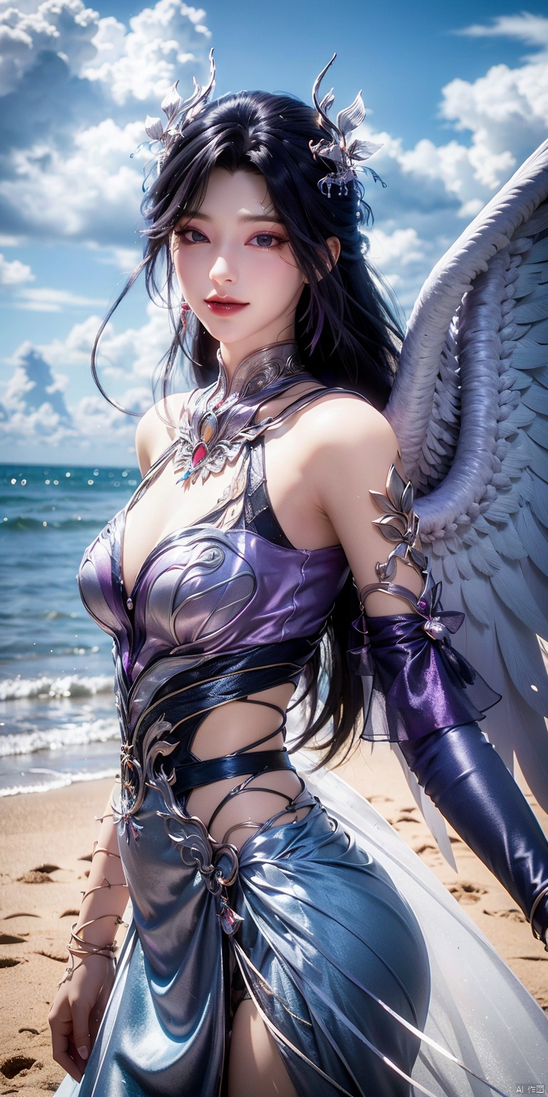 best quality, masterpiece, realistic,cowboy short,(Good structure), DSLR Quality,Depth of field,kind smile,looking_at_viewer,Dynamic pose, , Blue sky and white clouds on the beach,Masterpiece, (ultra wide angle lens: 1.2), Unity8k wallpaper, best quality, (detail shadow: 1.1), a beautiful girl, on a sea of light blue silk, translucent silk, floating light blue silk, surrealist style, minimalism, highly detailed texture, light blue, white clean background, CG rendering, light passing through clouds, 8k resolution, (motion photo: 1.2), (Fidelity: 1.4), original photos, movie lighting, 1girl,, , ,kind smile,   , weddingdress,yeqingcheng,purple hair, hair ornament,wings