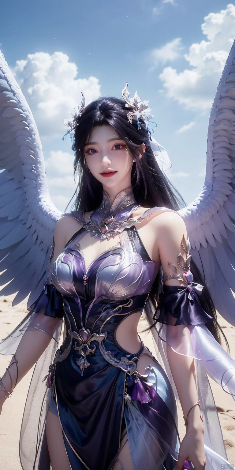 best quality, masterpiece, realistic,cowboy short,(Good structure), DSLR Quality,Depth of field,kind smile,looking_at_viewer,Dynamic pose, , Blue sky and white clouds on the beach,Masterpiece, (ultra wide angle lens: 1.2), Unity8k wallpaper, best quality, (detail shadow: 1.1), a beautiful girl, on a sea of light blue silk, translucent silk, floating light blue silk, surrealist style, minimalism, highly detailed texture, light blue, white clean background, CG rendering, light passing through clouds, 8k resolution, (motion photo: 1.2), (Fidelity: 1.4), original photos, movie lighting, 1girl,, , ,kind smile,   , weddingdress,yeqingcheng,purple hair, hair ornament,wings