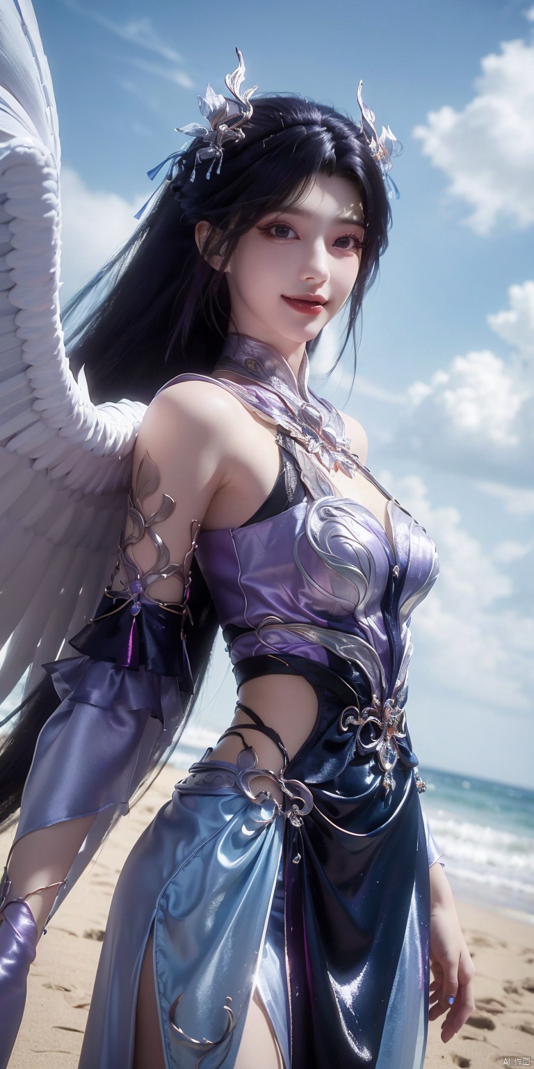 best quality, masterpiece, realistic,cowboy short,(Good structure), DSLR Quality,Depth of field,kind smile,looking_at_viewer,Dynamic pose, , Blue sky and white clouds on the beach,Masterpiece, (ultra wide angle lens: 1.2), Unity8k wallpaper, best quality, (detail shadow: 1.1), a beautiful girl, on a sea of light blue silk, translucent silk, floating light blue silk, surrealist style, minimalism, highly detailed texture, light blue, white clean background, CG rendering, light passing through clouds, 8k resolution, (motion photo: 1.2), (Fidelity: 1.4), original photos, movie lighting, 1girl,, , ,kind smile,   , weddingdress,yeqingcheng,purple hair, hair ornament,wings