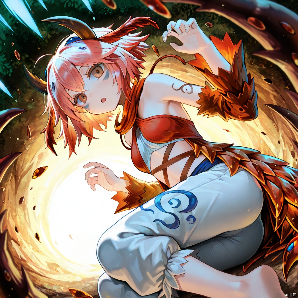 masterpiece, best quality, high quality, Traptrix Myrmeleo \(ygo\), 1girl, solo, looking at viewer, short hair, open mouth, bare shoulders, brown eyes, horns, pants,