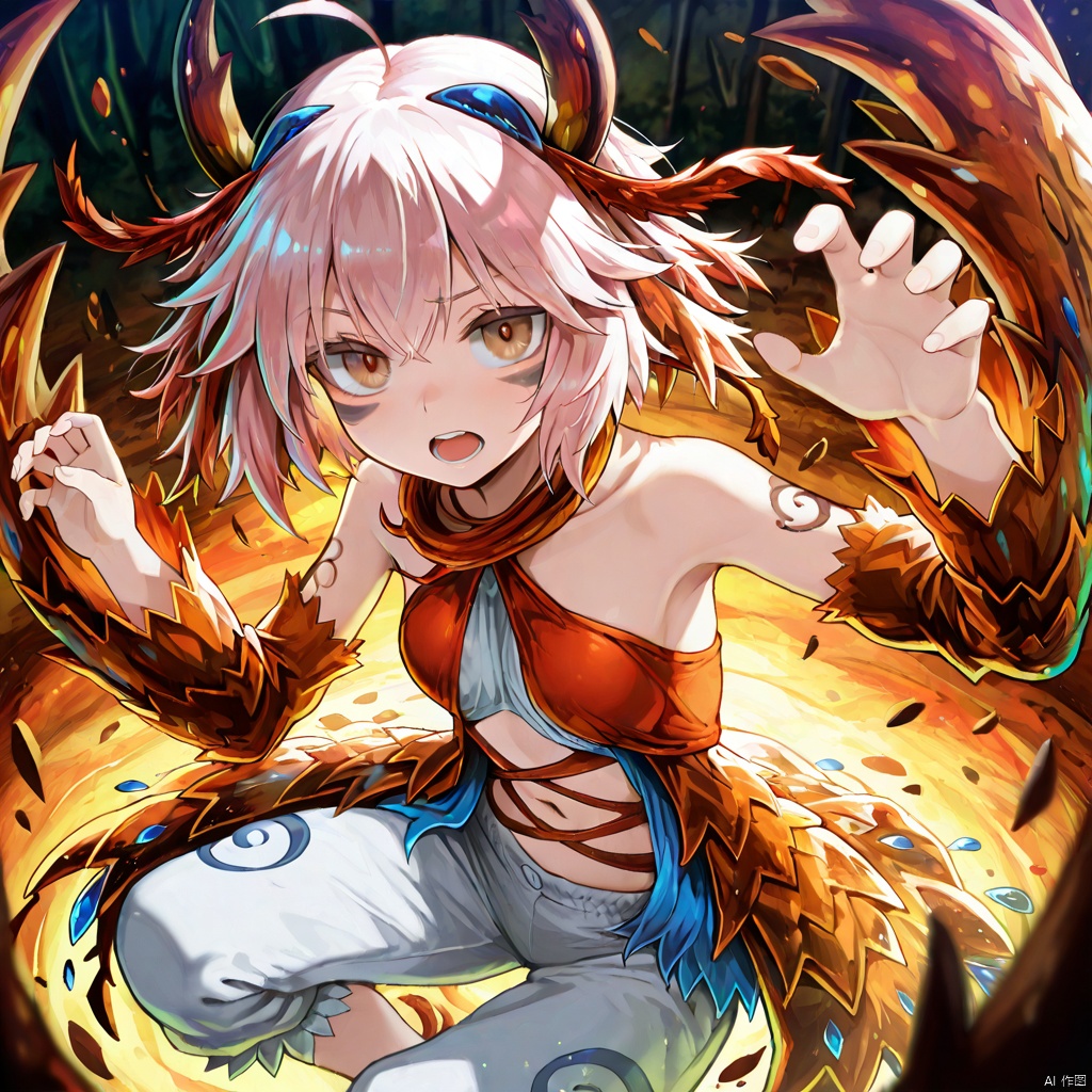 masterpiece, best quality, high quality, Traptrix Myrmeleo \(ygo\), 1girl, solo, looking at viewer, short hair, open mouth, bare shoulders, brown eyes, horns, pants,