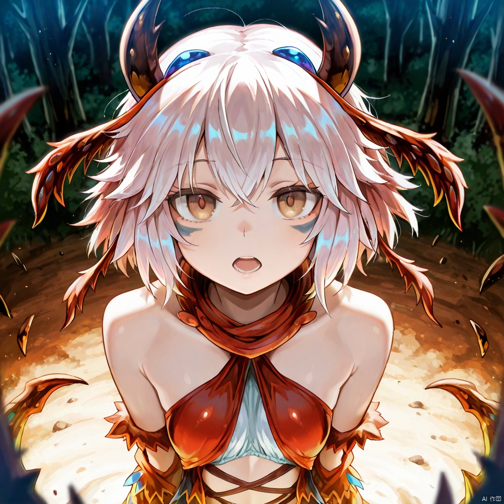 masterpiece, best quality, high quality, Traptrix Myrmeleo \(ygo\), 1girl, solo, looking at viewer, short hair, open mouth, bare shoulders, brown eyes, horns,