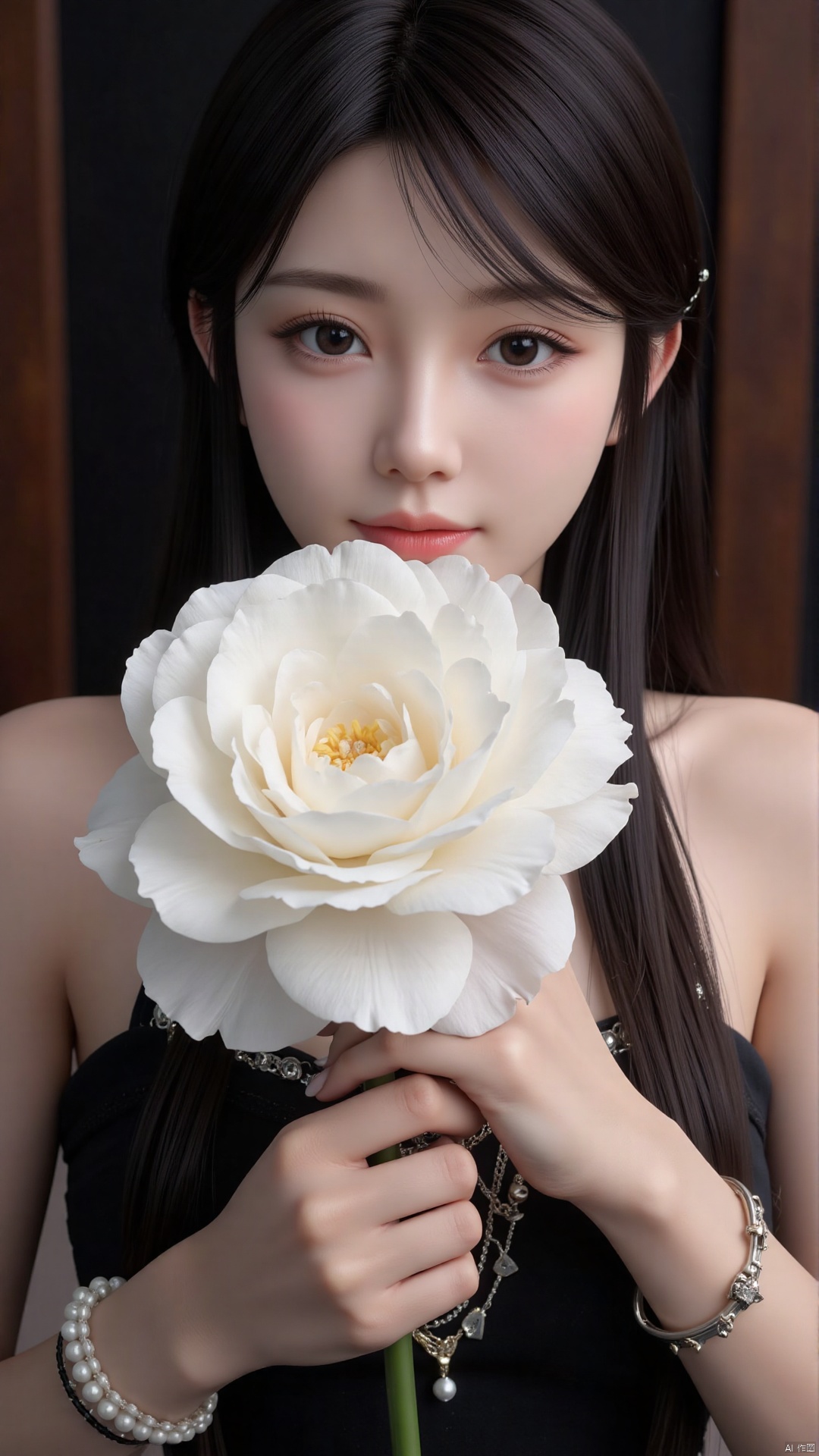 (Flat color: 1.2) Imitate the illustration style of Coco Chanel, with all elements in black, showcasing the retro style, fashion, luxury, and minimalist guidance of fashion brands, showcasing the sunny and smiling characteristics of girls; 8K high-definition, soft, and clear image quality; Clear and complete facial features, a cute Chinese girl holding a huge white camellia in her hand. Try to use black and white colors as much as possible, with realistic animation splicing, camellia, pearls, and small black dresses