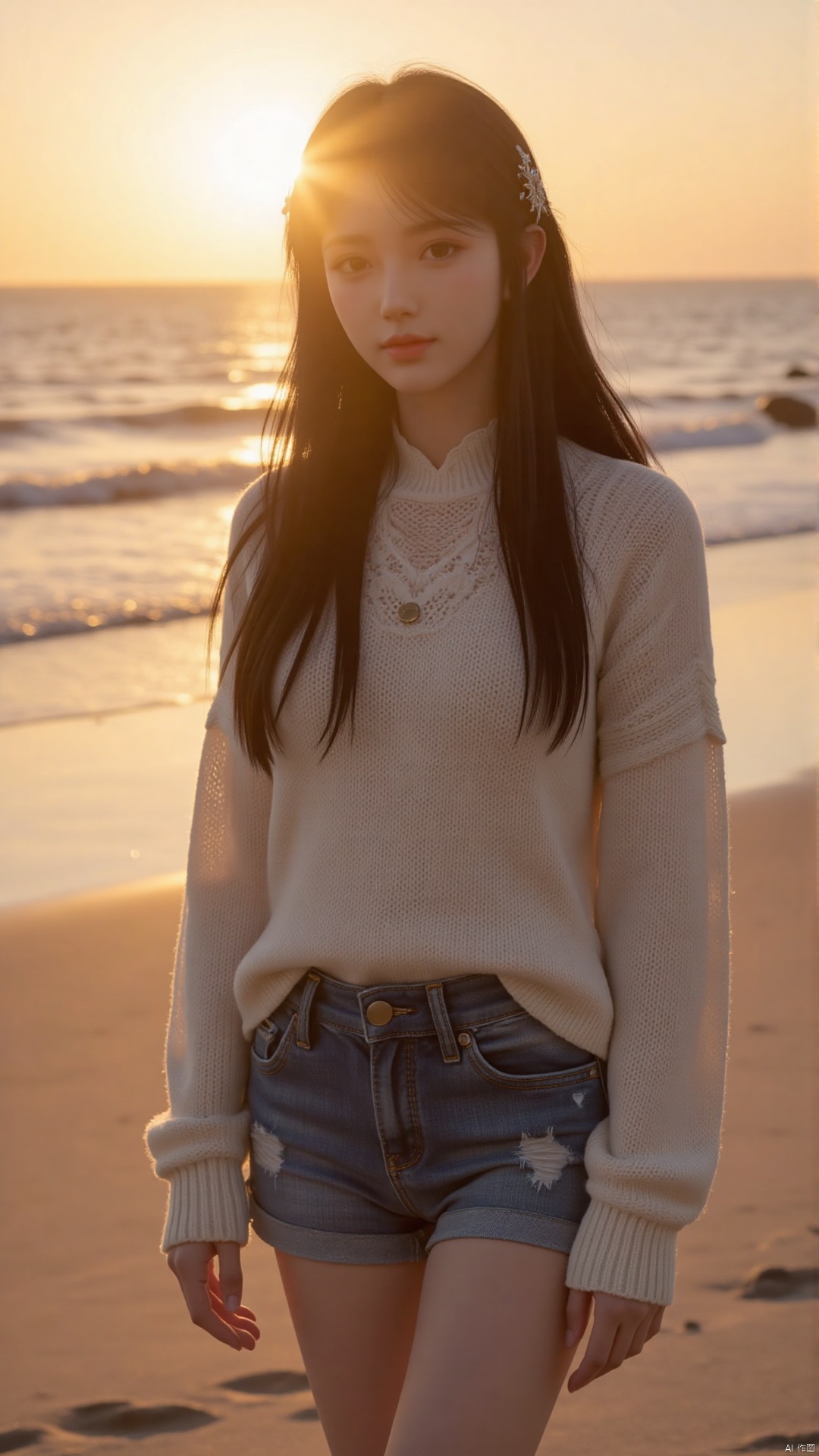 A sun-drenched beach photoshoot featuring a model with long, flowing, wavy black hair, wearing a luxurious, oversized knit sweater and high-waisted denim shorts, strolling along the beach at sunset. The setting is a secluded beach with soft sand, clear water, and a stunning sunset. High resolution, 8k, golden hour lighting, hyperrealistic, photorealistic, detailed textures, shallow depth of field, lifestyle photography, advertisement photography, beach fashion, relaxed luxury, trending on artstation.