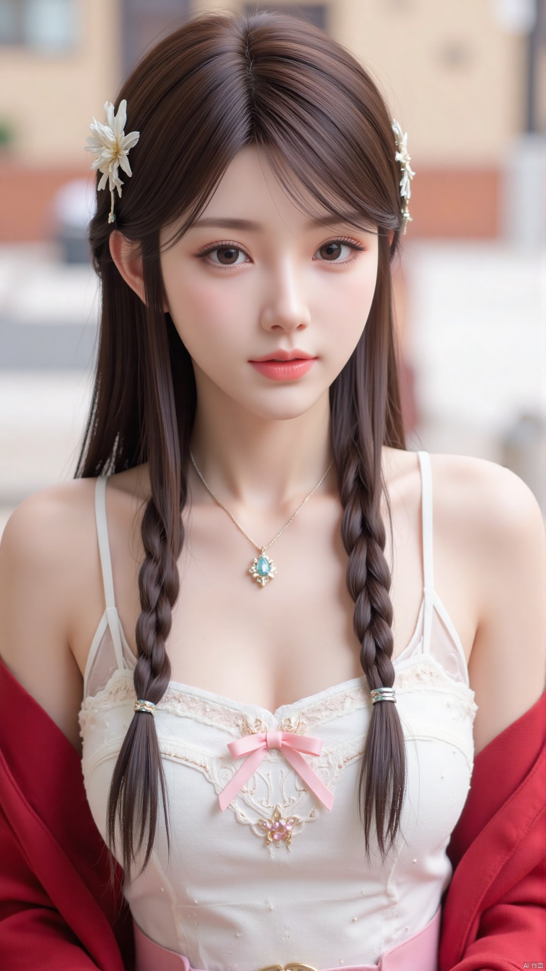 1girl,solo,jewelry,flower,hair flower,hair ornament,necklace,realistic,brown hair,brown eyes,looking at viewer,dress,blurry background,twin braids,blurry,white dress,long hair,upper body,breasts,pink bow,red jacket,bare shoulders,lips,collarbone,outdoors,cleavage,large natural breast,soft breasts,huge Breasts