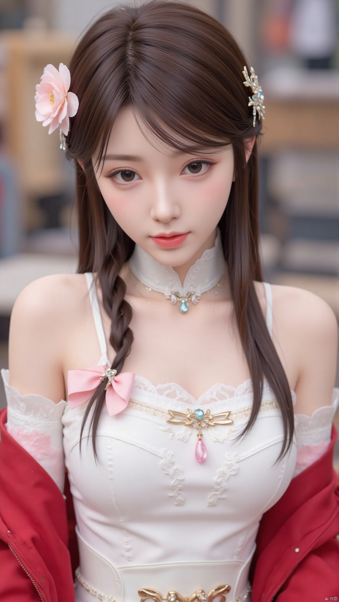 1girl,solo,jewelry,flower,hair flower,hair ornament,necklace,realistic,brown hair,brown eyes,looking at viewer,dress,blurry background,twin braids,blurry,white dress,long hair,upper body,breasts,pink bow,red jacket,bare shoulders,lips,collarbone,outdoors,cleavage,large natural breast,soft breasts,huge Breasts