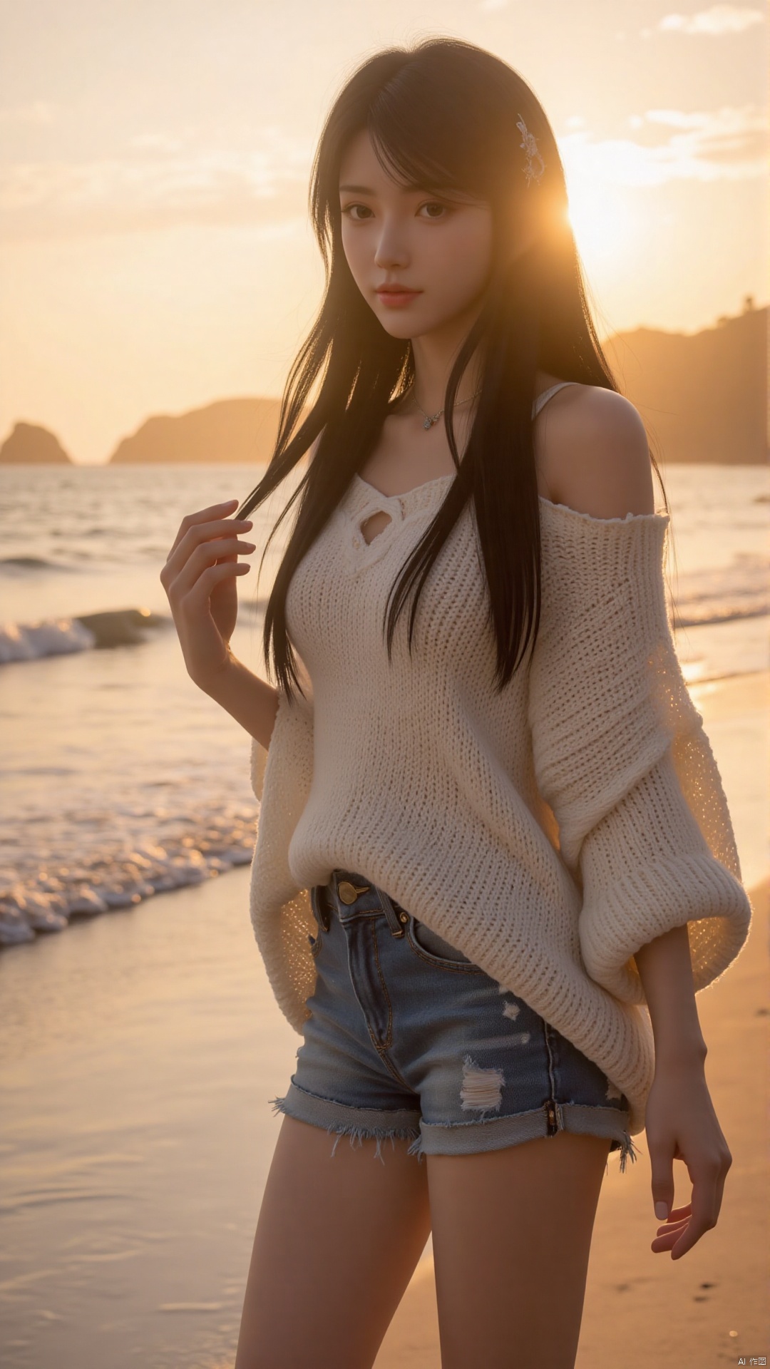 A sun-drenched beach photoshoot featuring a model with long, flowing, wavy black hair, wearing a luxurious, oversized knit sweater and high-waisted denim shorts, strolling along the beach at sunset. The setting is a secluded beach with soft sand, clear water, and a stunning sunset. High resolution, 8k, golden hour lighting, hyperrealistic, photorealistic, detailed textures, shallow depth of field, lifestyle photography, advertisement photography, beach fashion, relaxed luxury, trending on artstation.