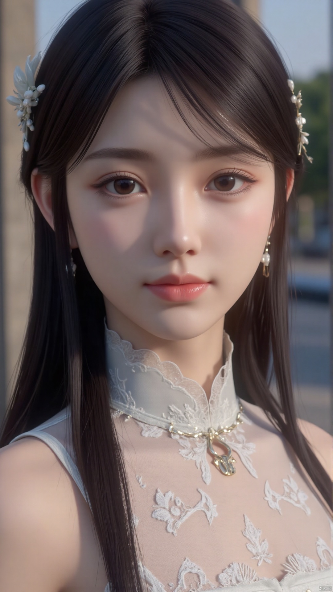  a asian woman,18-year-old pure girl with double ponytails, distant close-up, golden ratio, movie texture, minimalism, high-end feeling, strong contrast between cold and warm, outdoor scenes, 