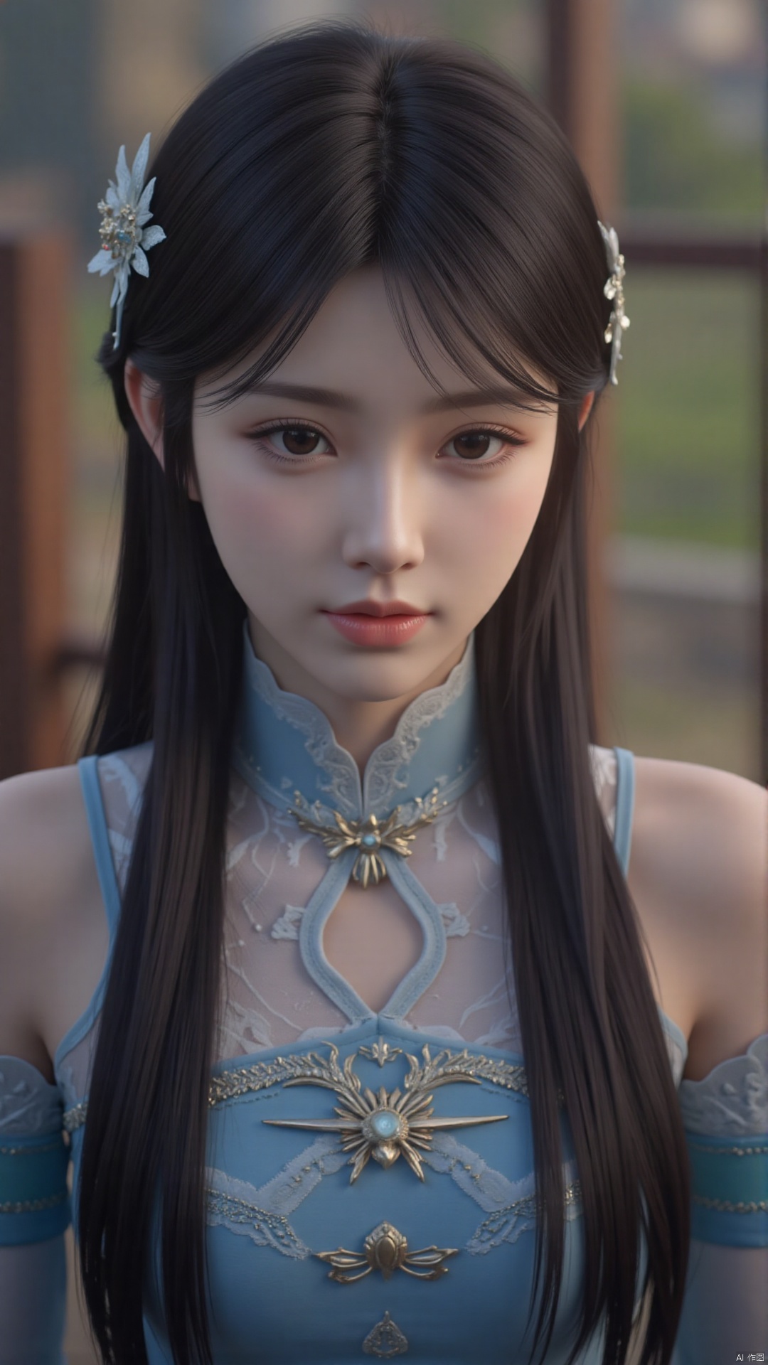  a asian woman,18-year-old pure girl with double ponytails, distant close-up, golden ratio, movie texture, minimalism, high-end feeling, strong contrast between cold and warm, outdoor scenes, 
