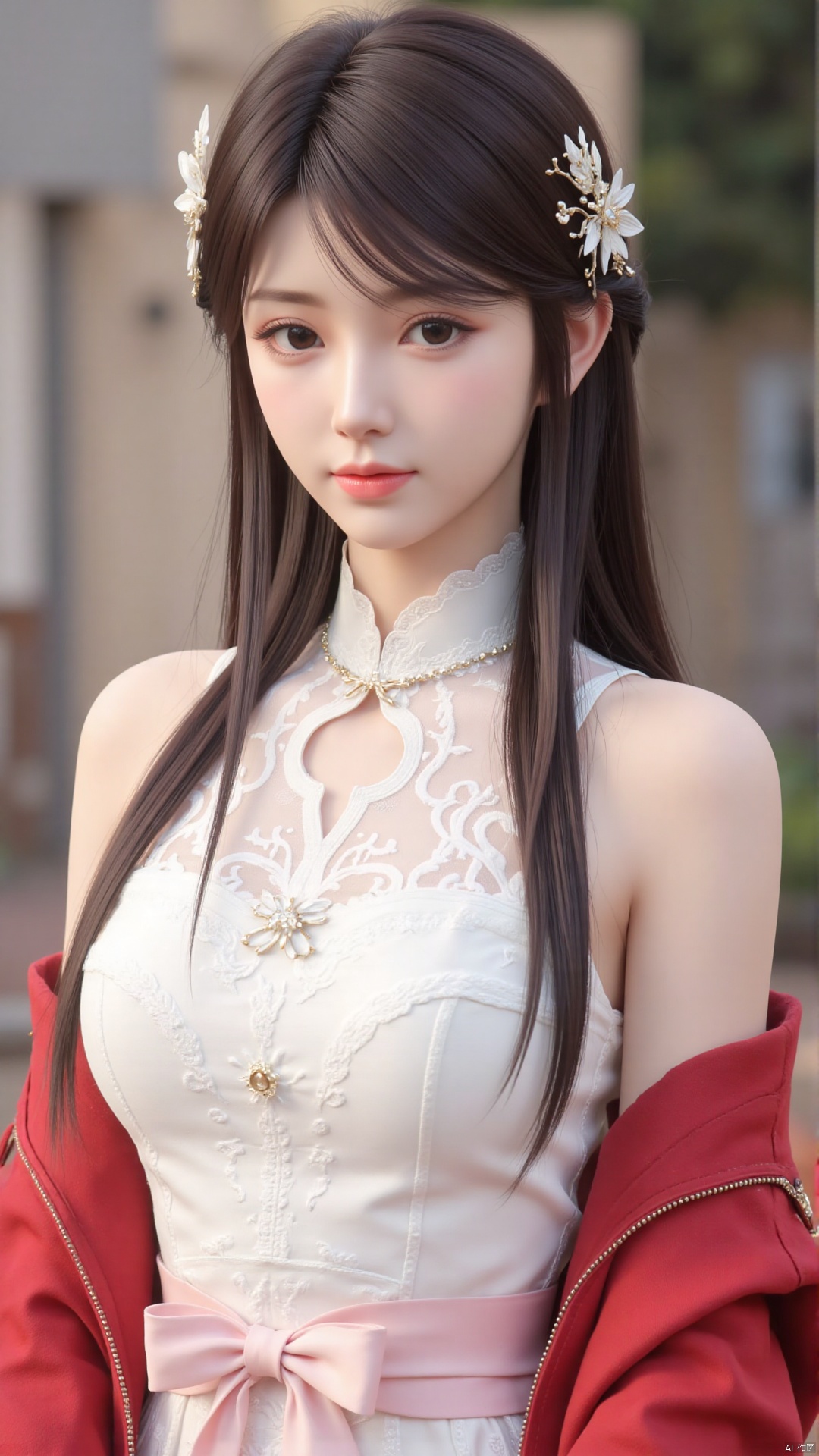 1girl,solo,jewelry,flower,hair flower,hair ornament,necklace,realistic,brown hair,brown eyes,looking at viewer,dress,blurry background,twin braids,blurry,white dress,long hair,upper body,breasts,pink bow,red jacket,bare shoulders,lips,collarbone,outdoors,cleavage,large natural breast,soft breasts,huge Breasts
