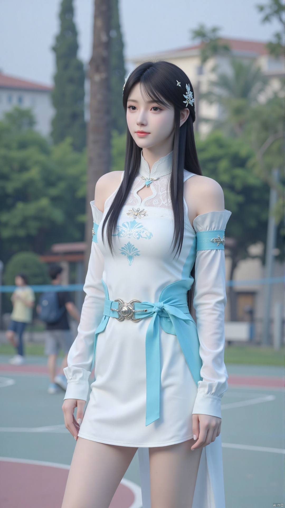 Character: a young Chinese woman playing basketball, white blue sport suit, Gazing at the camera with a soft, serene expression, long black hair, smile, yunyun
Environment: basketball court. 
Atmosphere: peaceful and serene. 
Quality: masterpiece, high quality, fine details, natural lighting, soft light diffused by mist. best quality,masterpiece