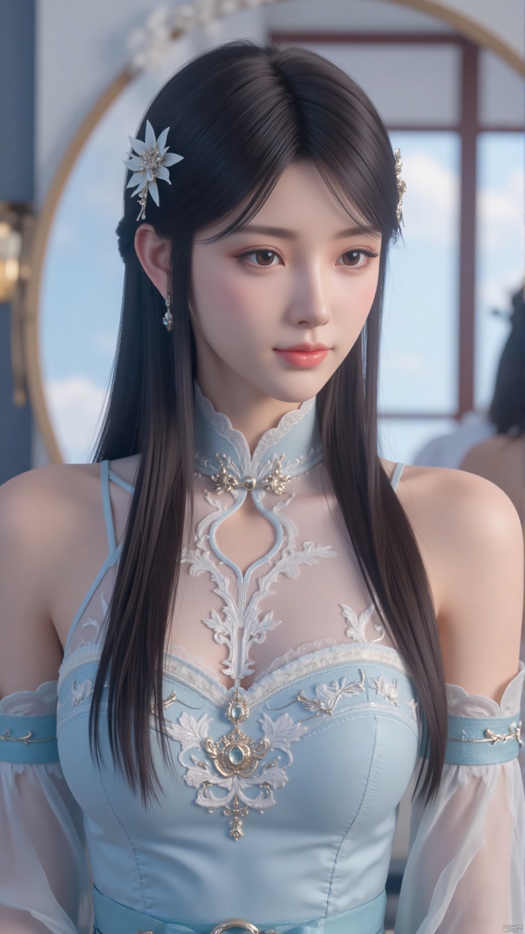 Very detailed face, extremely detailed eyes and face, (vacuum), 8K wallpaper, light leak, beautiful and detailed girl, extremely detailed CGUnity8K wallpaper, an extremely detailed and beautiful, beautiful and detailed eyes, masterpiece, best quality, Real photo level, (frontal shooting panoramic perspective), ( (Full body photo)), dynamic angle, dynamic pose, solo, ancient style silver hairpin with petals, blue sky and white clouds, (C cup), (huge round breasts), slender legs, super good figure, stunning beauty, (whole body in the mirror) , (wearing Lolita nightgown), (light reflects the shadow of the body through the clothes),vacuum,bare and smooth