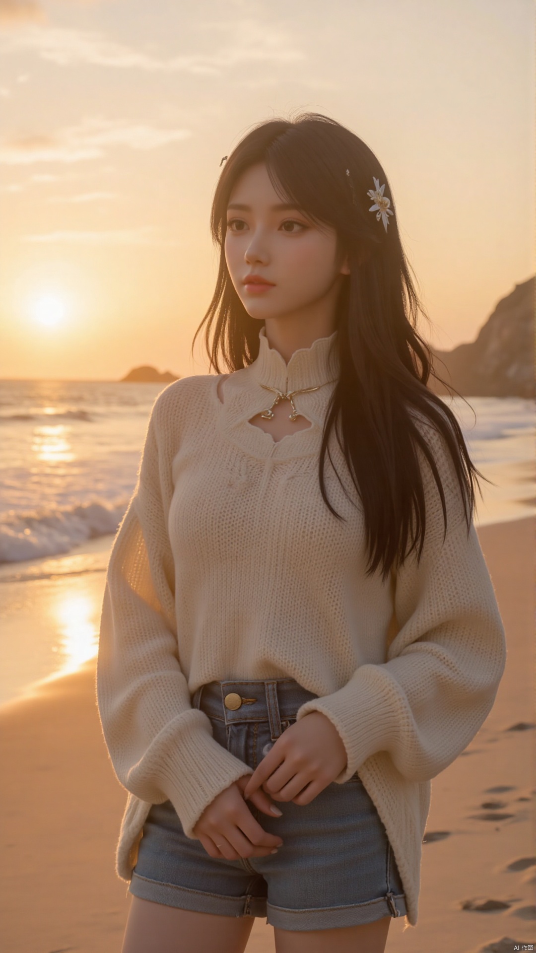 A sun-drenched beach photoshoot featuring a model with long, flowing, wavy black hair, wearing a luxurious, oversized knit sweater and high-waisted denim shorts, strolling along the beach at sunset. The setting is a secluded beach with soft sand, clear water, and a stunning sunset. High resolution, 8k, golden hour lighting, hyperrealistic, photorealistic, detailed textures, shallow depth of field, lifestyle photography, advertisement photography, beach fashion, relaxed luxury, trending on artstation.