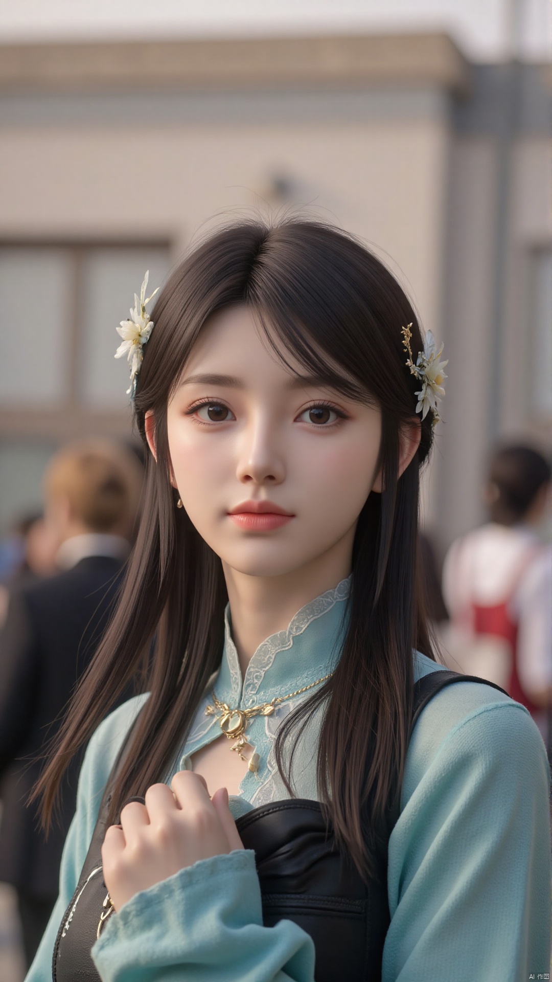  a asian woman,18-year-old pure girl with double ponytails, distant close-up, golden ratio, movie texture, minimalism, high-end feeling, strong contrast between cold and warm, outdoor scenes, 