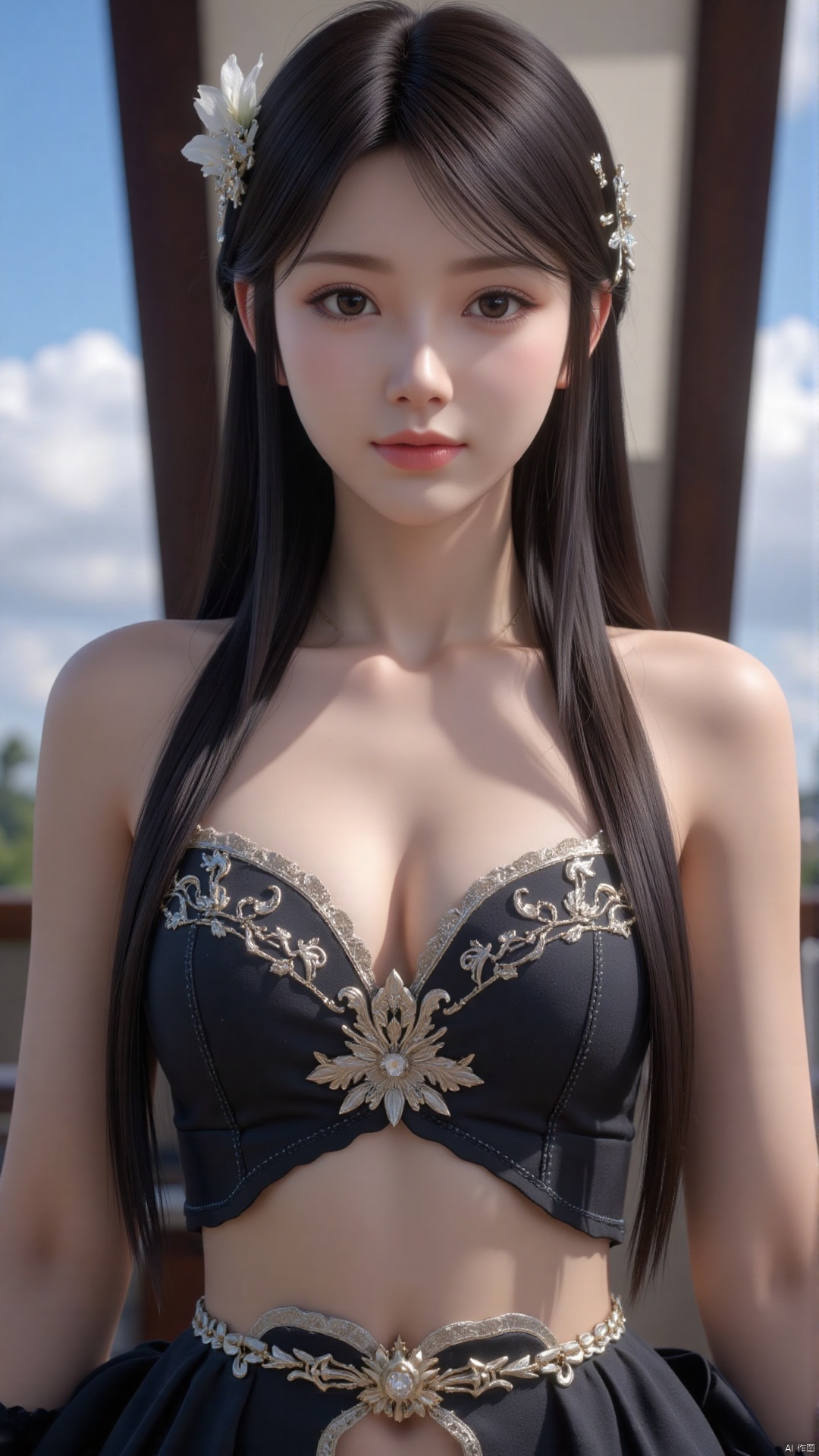 Very detailed face, extremely detailed eyes and face, (vacuum), 8K wallpaper, light leak, beautiful and detailed girl, extremely detailed CGUnity8K wallpaper, an extremely detailed and beautiful, beautiful and detailed eyes, masterpiece, best quality, Real photo level, (frontal shooting panoramic perspective), ( (Full body photo)), dynamic angle, dynamic pose, solo, ancient style silver hairpin with petals, blue sky and white clouds, (C cup), (huge round breasts), slender legs, super good figure, stunning beauty, (whole body in the mirror) , (wearing Lolita nightgown), (light reflects the shadow of the body through the clothes),vacuum,bare and smooth