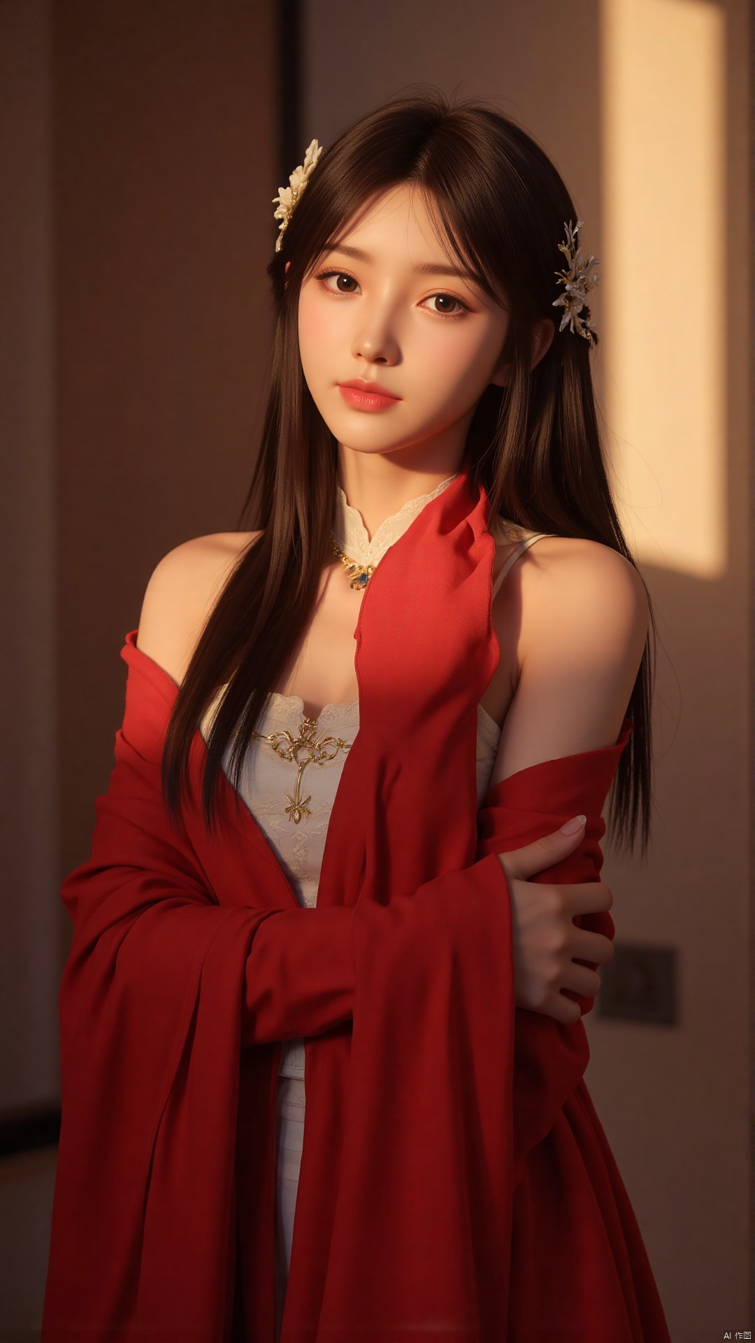 A stunning 18-year-old Chinese woman wraps herself in a vibrant red scarf, posing seductively against a sleek, modern backdrop. Soft, golden lighting accentuates her porcelain complexion and luscious locks. The camera captures the dramatic play of shadows on her features as she confidently flaunts her curves.