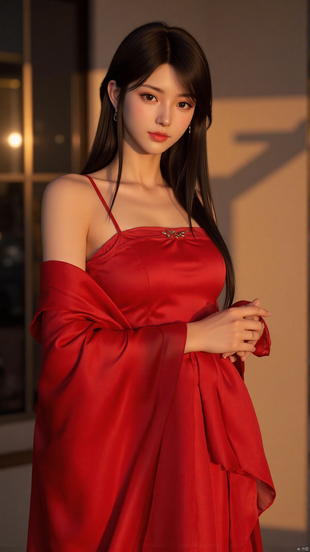 A stunning 18-year-old Chinese woman wraps herself in a vibrant red scarf, posing seductively against a sleek, modern backdrop. Soft, golden lighting accentuates her porcelain complexion and luscious locks. The camera captures the dramatic play of shadows on her features as she confidently flaunts her curves.