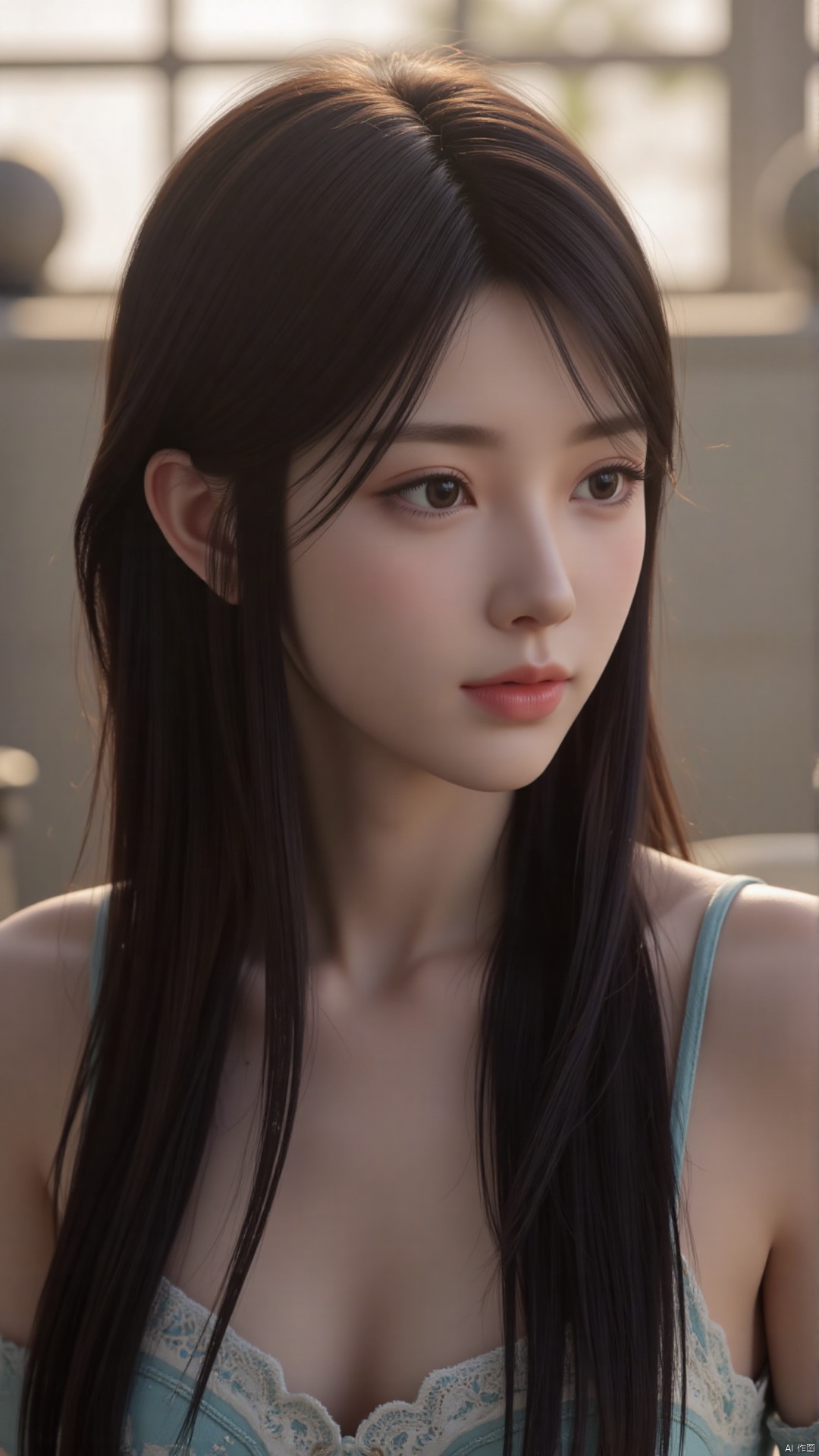  a asian woman, sexy long hair, charming and seductive temperament, distant close-up, golden ratio, movie texture, minimalism, high-end feeling, strong contrast between cold and warm, outdoor scenes, 