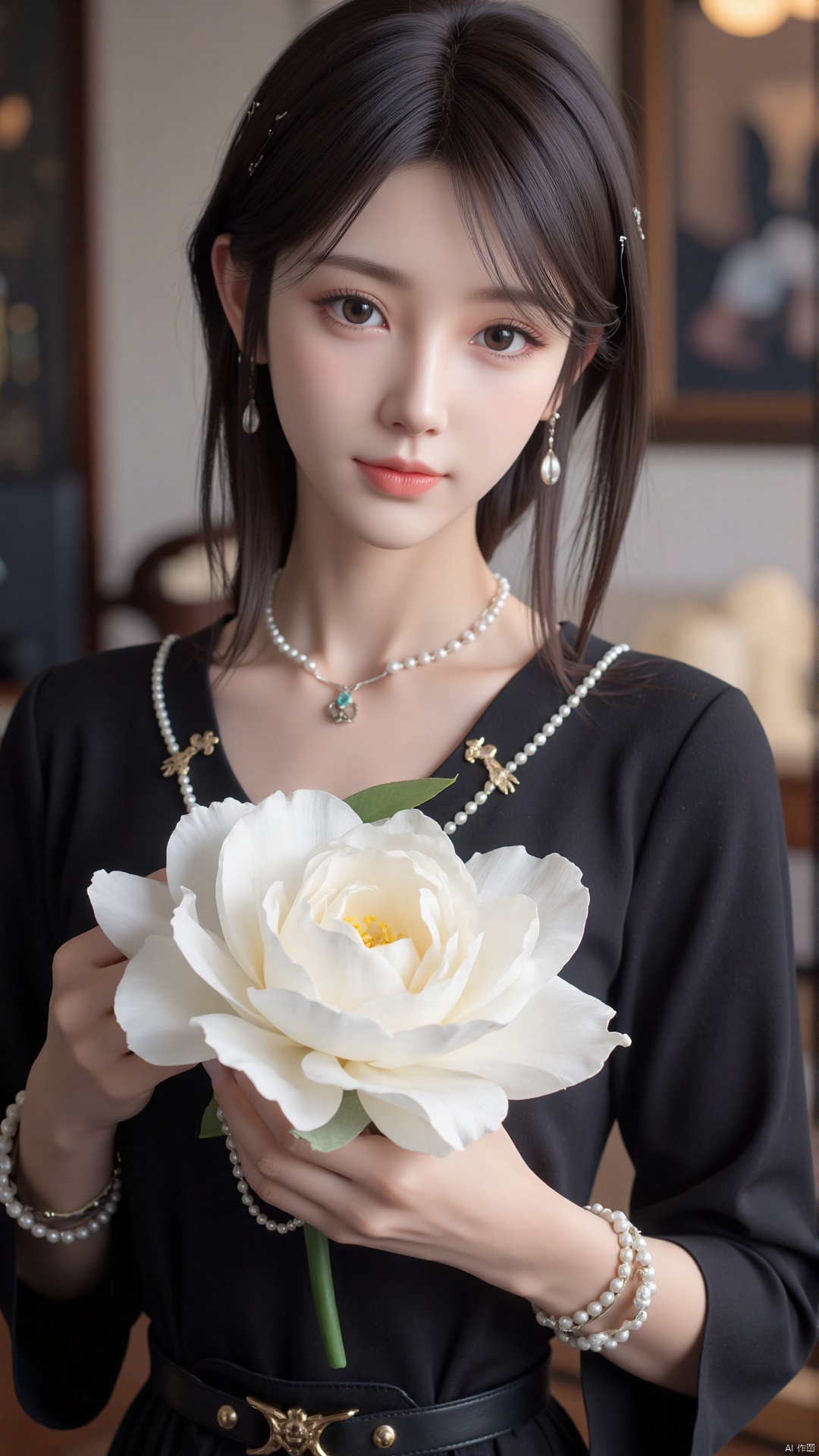 (Flat color: 1.2) Imitate the illustration style of Coco Chanel, with all elements in black, showcasing the retro style, fashion, luxury, and minimalist guidance of fashion brands, showcasing the sunny and smiling characteristics of girls; 8K high-definition, soft, and clear image quality; Clear and complete facial features, a cute Chinese girl holding a huge white camellia in her hand. Try to use black and white colors as much as possible, with realistic animation splicing, camellia, pearls, and small black dresses