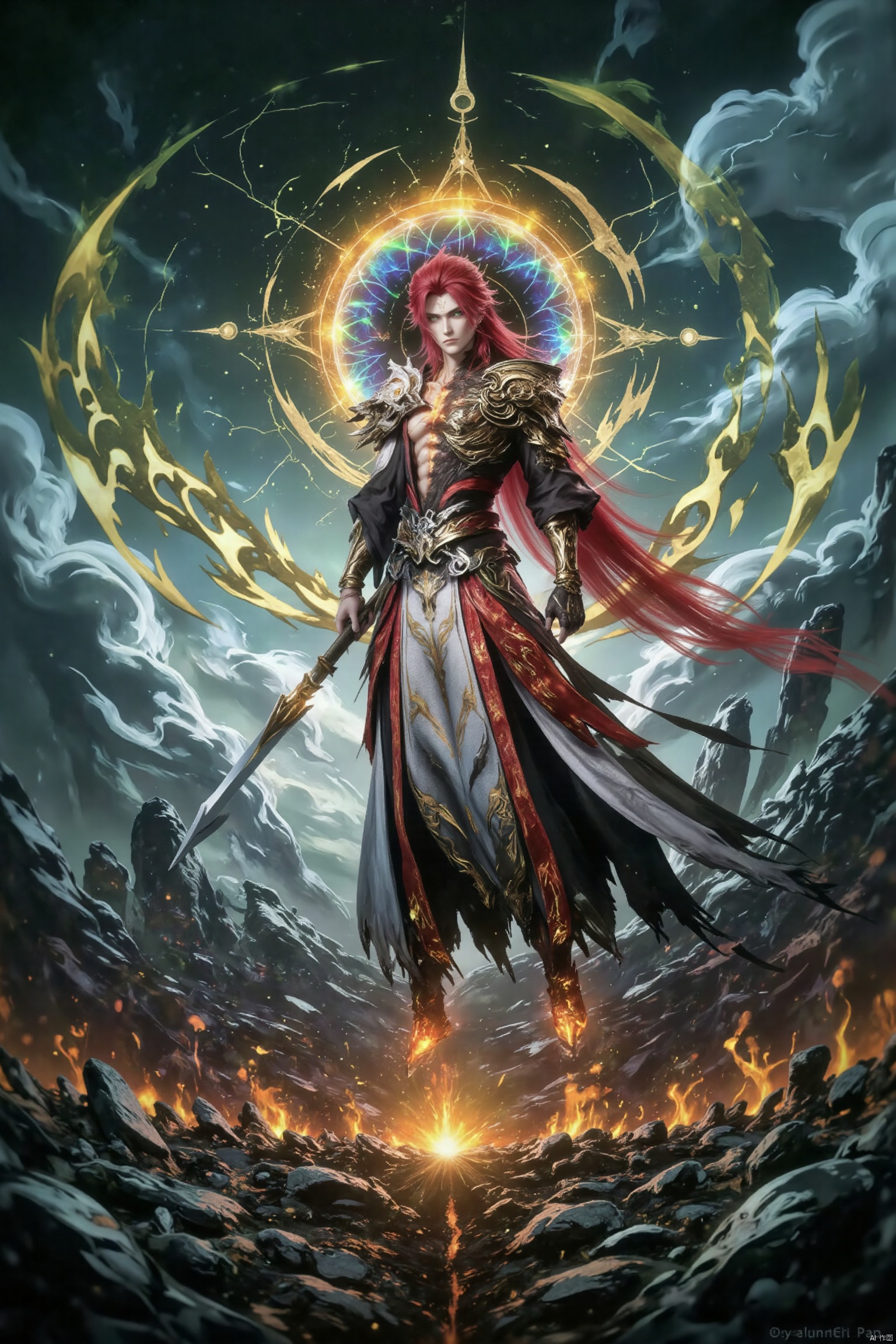 XNWL, 1boy,a boy stands tall amidst a ravaged battlefield, where shattered rocks and broken weapons lie scattered. Dark clouds swirl above, crackling with energy as lightning strikes the ground like silver serpents, amplifying the intense atmosphere. His dragon scale armor glistens in the flickering light, while his fire-tempered spear and universe circle at the ready. The demigod's form radiates power as wind-fire wheels spin beneath his feet, igniting flames that dance with golden-red intensity. Lightning and flame intertwine, casting a mythical glow around the boy, exuding an aura of unyielding strength.
