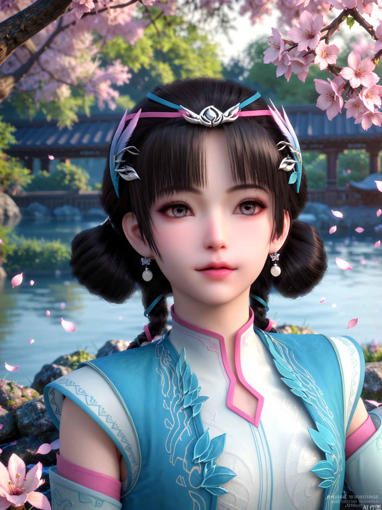 score_9,score_8_up,score_7_up,incredibly absurdres,realistic,complex composition,Breathtaking artwork,1girl,solo,high_quality,looking_at_viewer,(pale_skin),1girl,solo,hair_ornament,petals,flower,makeup,cherry_blossoms,jewelry,delicate_water_surface,splashing_water,water_ripples,lake,moonlight,flower_sea,bright_lighting,bright_environment,black hair,sunshine,