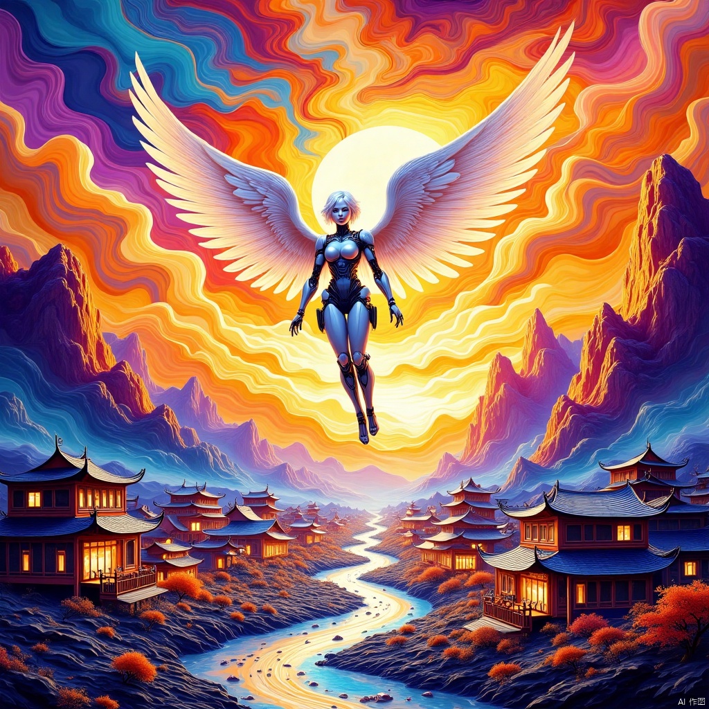  Masterpiece, best quality, epic scenes, impactful visuals, (sunset:1.2),beautiful angels falling from the sky,white hair and blue eyes, robot cyborg full body, swoops down from the sky, lace patterns,white machinery wings, stretched shapes, holy light surround, depth of field, sense of space, vivid colors, surreal themes, ethereal feelings, pressure, dramatic composition, cinematic light and shadow, Diving down over the village dotted with chinese new year elements ,crowd,fractal art, HDR, UHD, lineart style, TIANQIJI,Fluid art