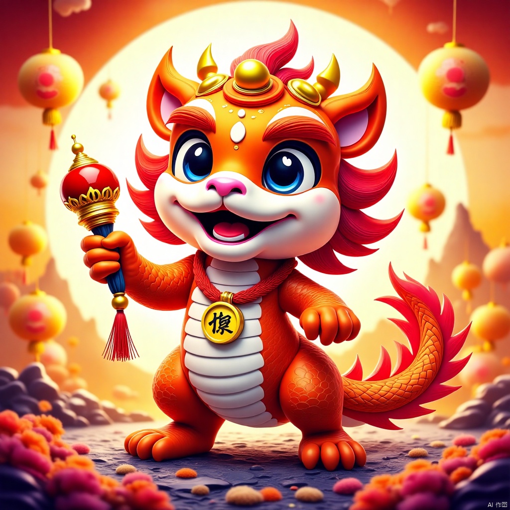  The character is holding a string of red firecrackers,a vibrant and animated character that appears to be a fusion of a dragon and a lion. The character is predominantly red with white accents, and it has a cheerful expression with wide eyes and a broad smile. It holds a golden bell in one hand and a golden rattle in the other. The character is adorned with a golden necklace that has a pendant with Chinese characters. The background is a warm orange hue, with floating lanterns and a silhouette of a mountain rangee