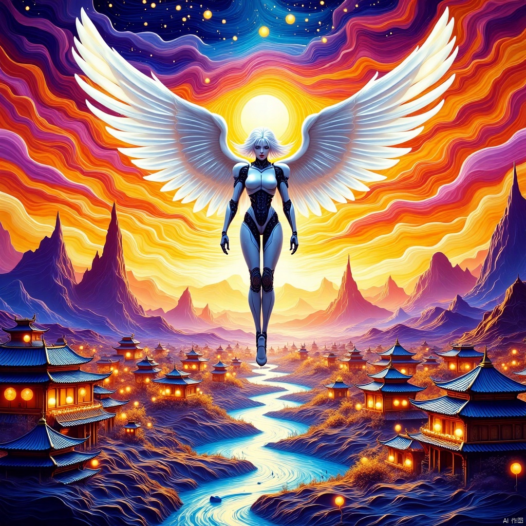  Masterpiece, best quality, epic scenes, impactful visuals, (sunset:1.2),beautiful angels falling from the sky,white hair and blue eyes, robot cyborg full body, swoops down from the sky, lace patterns,white machinery wings, stretched shapes, holy light surround, depth of field, sense of space, vivid colors, surreal themes, ethereal feelings, pressure, dramatic composition, cinematic light and shadow, Diving down over the village dotted with chinese new year elements ,crowd,fractal art, HDR, UHD, lineart style, TIANQIJI,