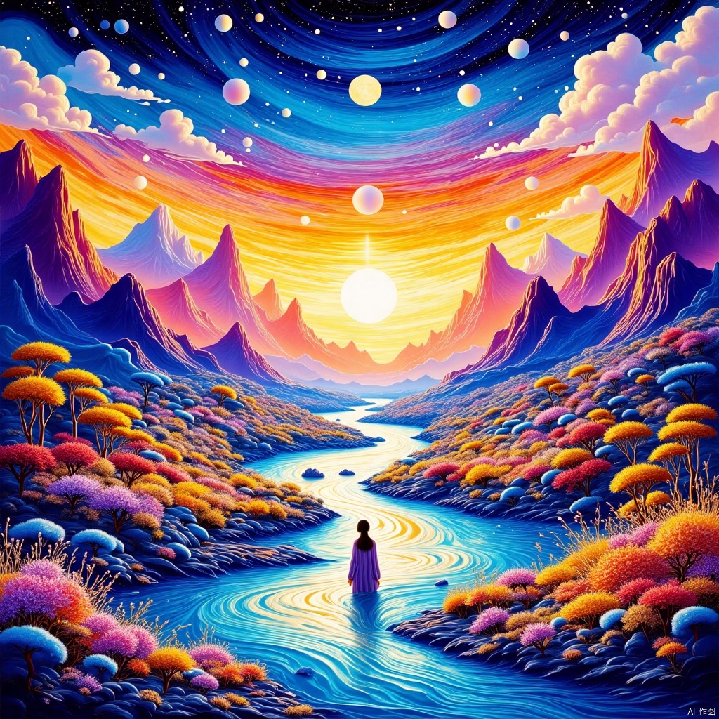 It describes a masterpiece, in which there is a girl in the picture with ultra-high definition. The scene includes the afterglow of sunset, lakes, blue sky and white clouds, presenting a crystal world-like scene, including colorful crystals and sugar painting elements. blue background,Architectural landscape,inset,Multicolored crystal,国画,Traditional Chinese Painting, Sugar painting,World in a bottle,Fluid art