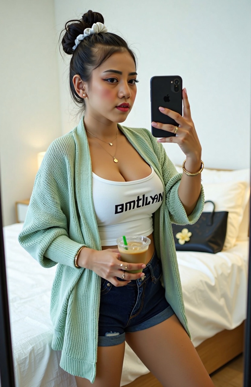 { "subject": { "description": "Vel0rin,  A young woman taking a mirror selfie",  "mirror_rules": "ignore mirror physics fo...