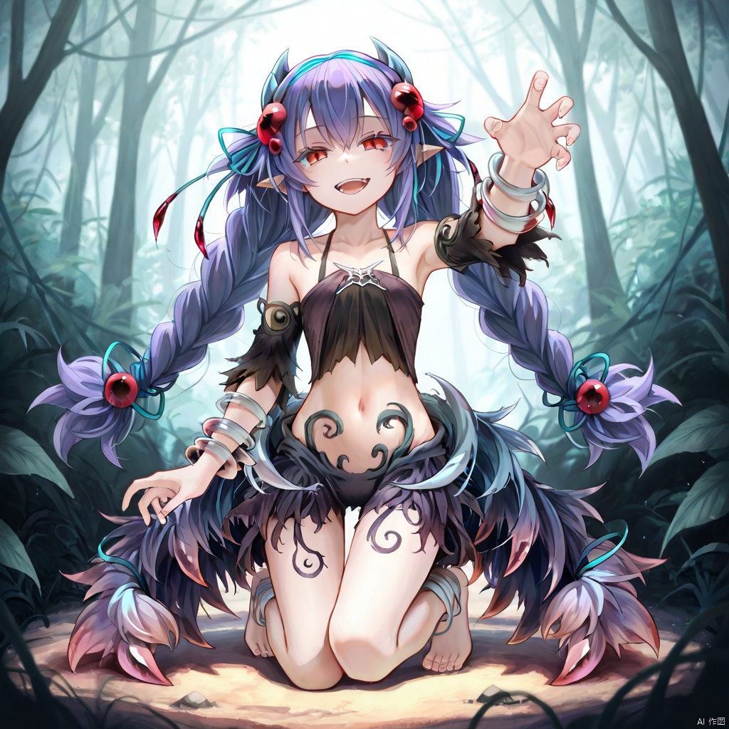 masterpiece, best quality, high quality, Traptrix Atrax \(ygo\), 1girl, solo, long hair, looking at viewer, smile, open mouth, hair ornament, red eyes, purple hair, pointy ears, twin braids, full body,