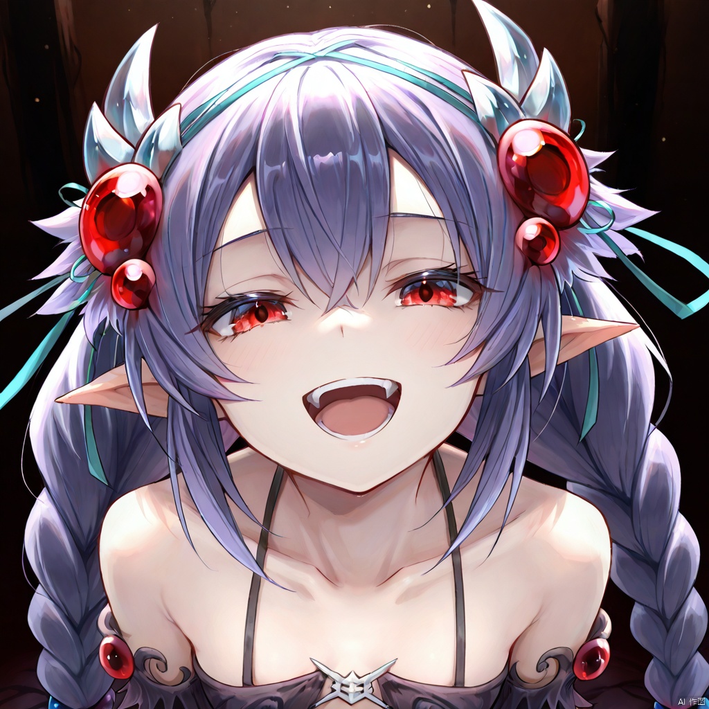 masterpiece, best quality, high quality, Traptrix Atrax \(ygo\), 1girl, solo, long hair, looking at viewer, smile, open mouth, hair ornament, red eyes, purple hair, pointy ears, twin braids,