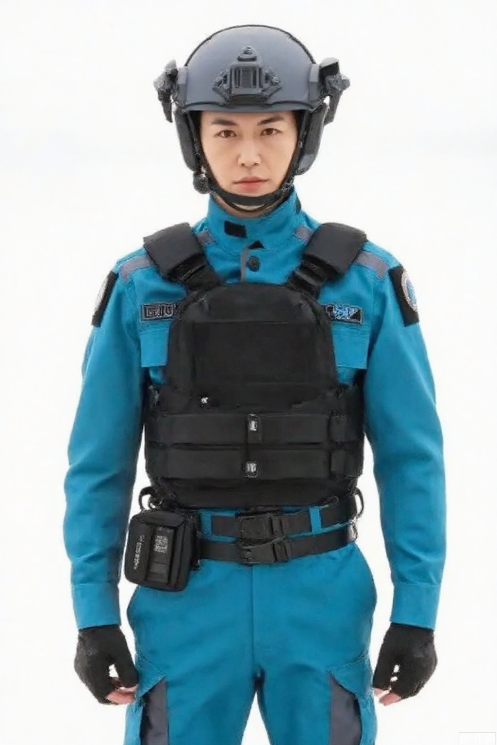 masterpiece, best quality,solo,(white background:1.2),simple background,
looking at viewer,SKARD,helmet,collar,belt,military uniform,logo,uniform,jacket,helmet,fingerless gloves,gloves,boots,emblem,pants,bodysuit,belt pouch,armband,military,bulletproof vest,black gloves,belt,pants,black footwear,knee pads,police,tactical clothes