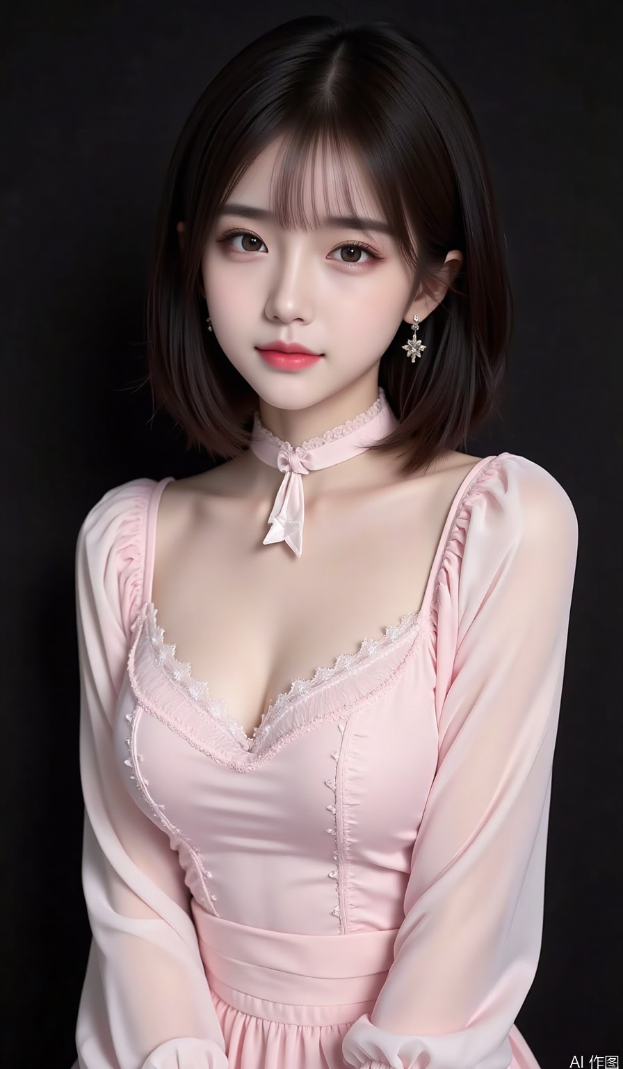 1girl, solo, breasts, looking at viewer, short hair, bangs, large breasts, black hair, long sleeves, dress, upper body, frills, puffy sleeves, blunt bangs, star \(symbol\), black eyes, from side, lips, looking to the side, ascot, bob cut, juliet sleeves, pink dress, pink lips, realistic, nose, pink themem,cleavage