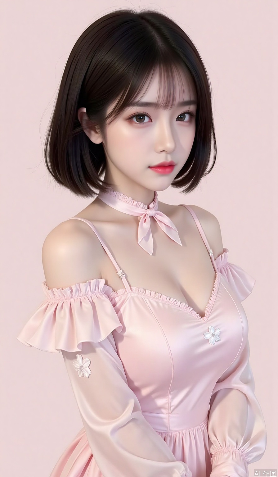 1girl, solo, breasts, looking at viewer, short hair, bangs, large breasts, black hair, long sleeves, dress, upper body, frills, puffy sleeves, blunt bangs, star \(symbol\), black eyes, from side, lips, looking to the side, ascot, bob cut, juliet sleeves, pink dress, pink lips, realistic, nose, pink themem,cleavage