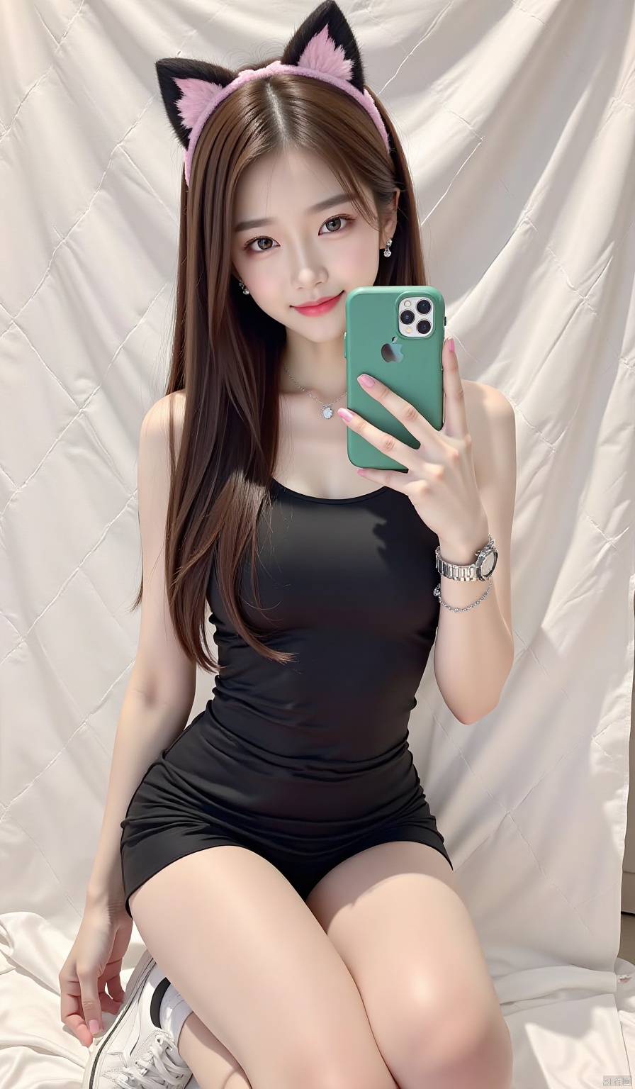 This is a high-resolution photo of an Asian girl with long straight brown hair and fair skin. She sat on the white hanging fabric background, with her legs crossed and one arm on her knee. She was wearing a black, shiny mini dress, highlighting her slim physique and small breasts. Her clothes are equipped with white Nike sneakers, which complement it. When she took a selfie with a smartphone with a green protective case, she looked naughty and smiled slightly. She is wearing a silver necklace and watch accessories. Her hair is braided with pink cat ears. The background is a white patterned tile wall, emphasizing her figure and clothing. The overall aesthetics is a combination of playful and seductive, with a hint of role-playing influence.
