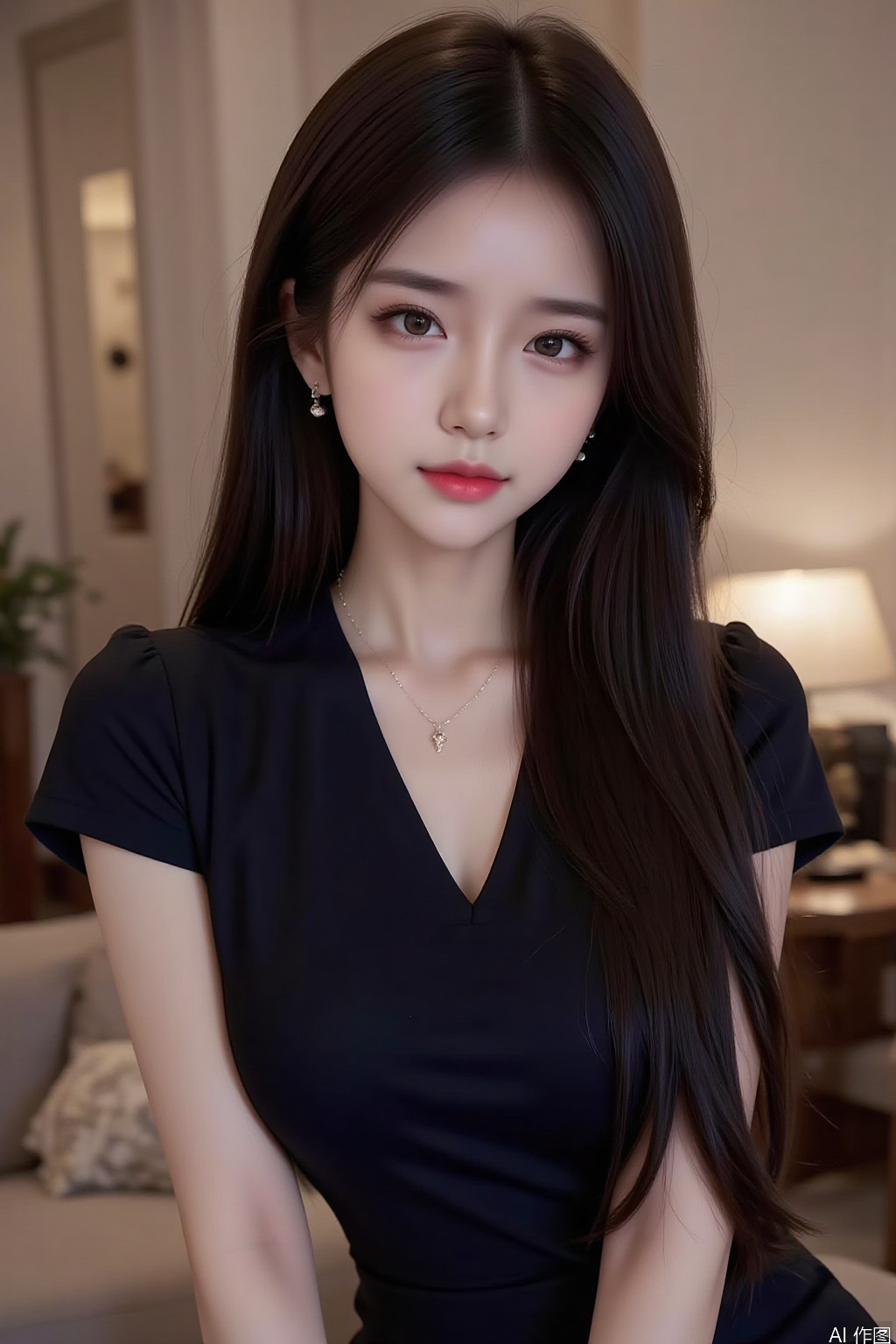 1girl, solo, long hair, looking at viewer, brown hair, black hair, dress, jewelry, sitting, upper body, short sleeves, earrings, indoors, lips