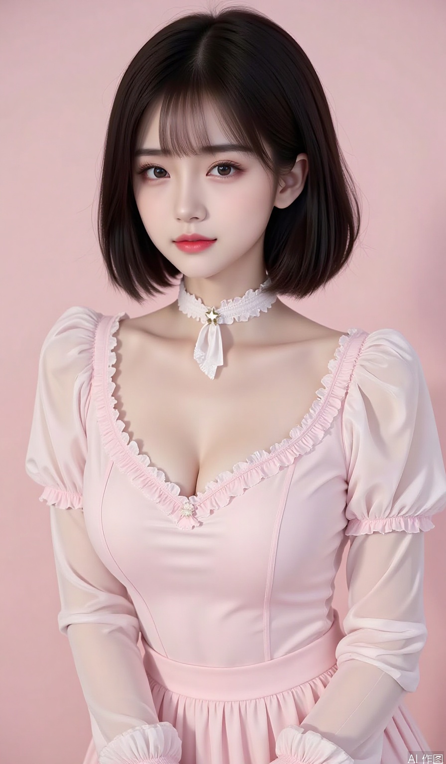 1girl, solo, breasts, looking at viewer, short hair, bangs, large breasts, black hair, long sleeves, dress, upper body, frills, puffy sleeves, blunt bangs, star \(symbol\), black eyes, from side, lips, looking to the side, ascot, bob cut, juliet sleeves, pink dress, pink lips, realistic, nose, pink themem,cleavage
